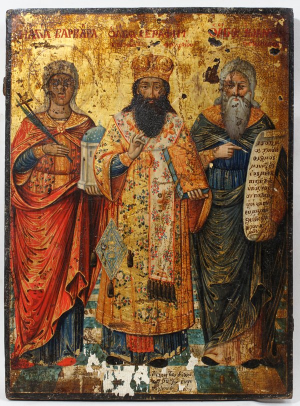 GREEK ICON ON WOOD PANEL, ANTIQUE, ST. BARBARA: GREEK ICON ON WOOD PANEL, ANTIQUE, 18" X 13", ST. BARBARA, ST. PETER & ST. JOHN THE EVANGELIST:Depicting St. Barbara and St. John the Evangelist with their respective attributes and St. Peter in elabo