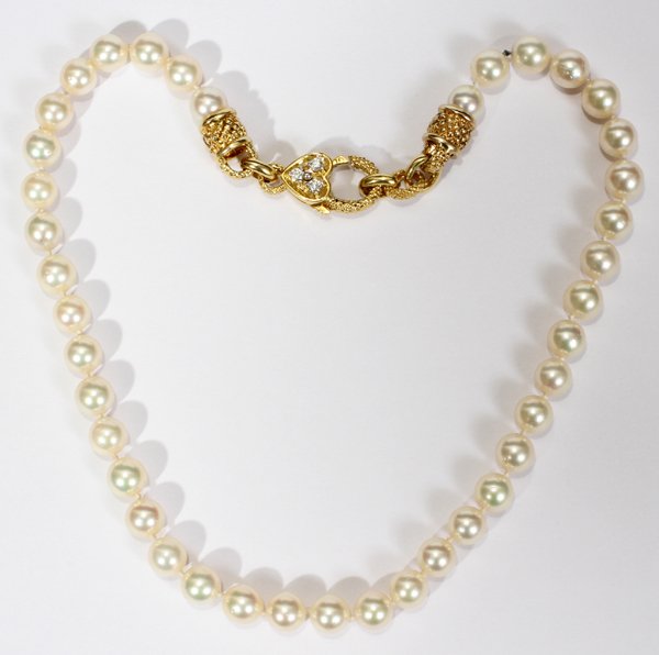 7.5MM PEARL ROSÉ HUE NECKLACE WITH CLASP 16": 7.5MM PEARL ROSÉ HUE NECKLACE WITH 14KT GOLD, DIAMOND & PEARL CLASP, L 16":