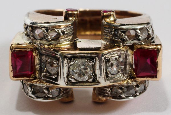 EGYPTIAN 14KT GOLD, RUBY & DIAMOND RING: EGYPTIAN 14KT GOLD, RUBY & DIAMOND RING:Hallmarks.1 ct diamonds,1 ct rubies aprox