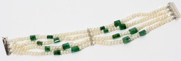 EDWARDIAN EMERALD & SEED PEARL BRACELET: EDWARDIAN MULTI-STRAND EMERALD & SEED PEARL BRACELET, L 6":Having 4 strands of pearls with emerald bead accents. No apparent markings.