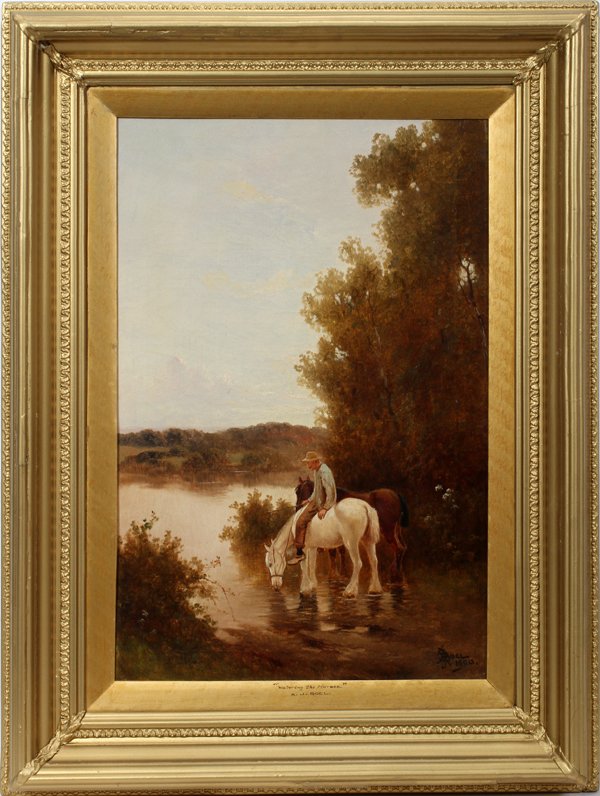 A.J. BOEL OIL ON CANVAS, 1900, : A.J. BOEL (FRENCH 19TH/20TH C.), OIL ON CANVAS, 1900, 24" X 16", "WATERING THE HORSES":Signed and dated lower right; gilt framed. From an estate.