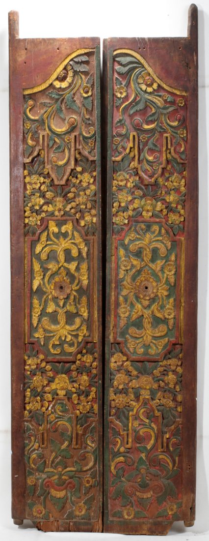 BALINESE WOOD DOORS, ANTIQUE PAIR: BALINESE WOOD DOORS, ANTIQUE 65" X 12" PAIR:Hand carved. Hand painted.