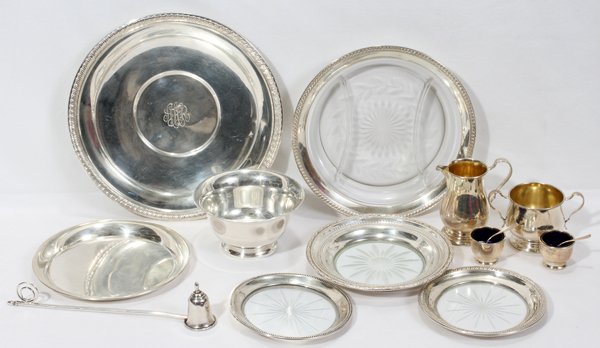 AMERICAN STERLING TABLEWARE 13 PIECES: AMERICAN STERLING TABLEWARE, 13 PIECES, DIA 5" - 10":Including 4 dishes with sterling rims and etched glass wells, Dia. 5" - 8 1/2", by Frank M. Whiting (including 1 "Talisman Rose"), Crown, and Watso