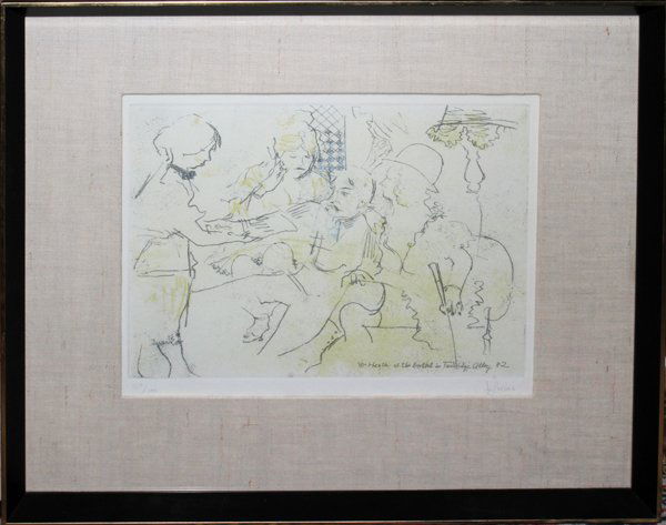 JACK LEVINE SOFT GROUND ETCHING, BROTHEL": JACK LEVINE (US 1915-2010), SOFT GROUND ETCHING, 9" X 12", PLATE 17, "MCHEATH AT THE BROTHEL":"McHeath at the Brothel in Tunbridge Alley #2"; 8 3/4" x 11 3/4"; 67/100; pencil signed lower right; frame