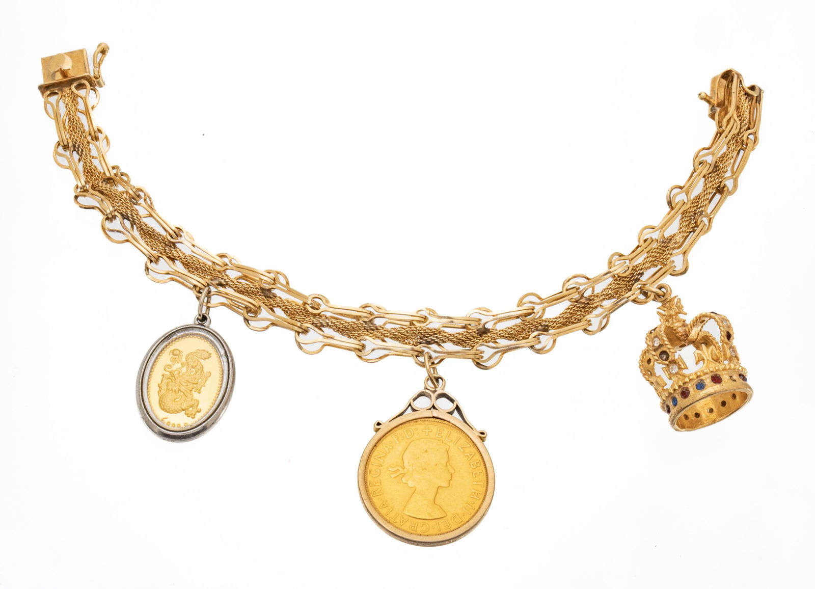 14k Gold Bracelet: 1958 Gold Sovereign, Eliz II Crown, L 7'' 36g (1 of 7)