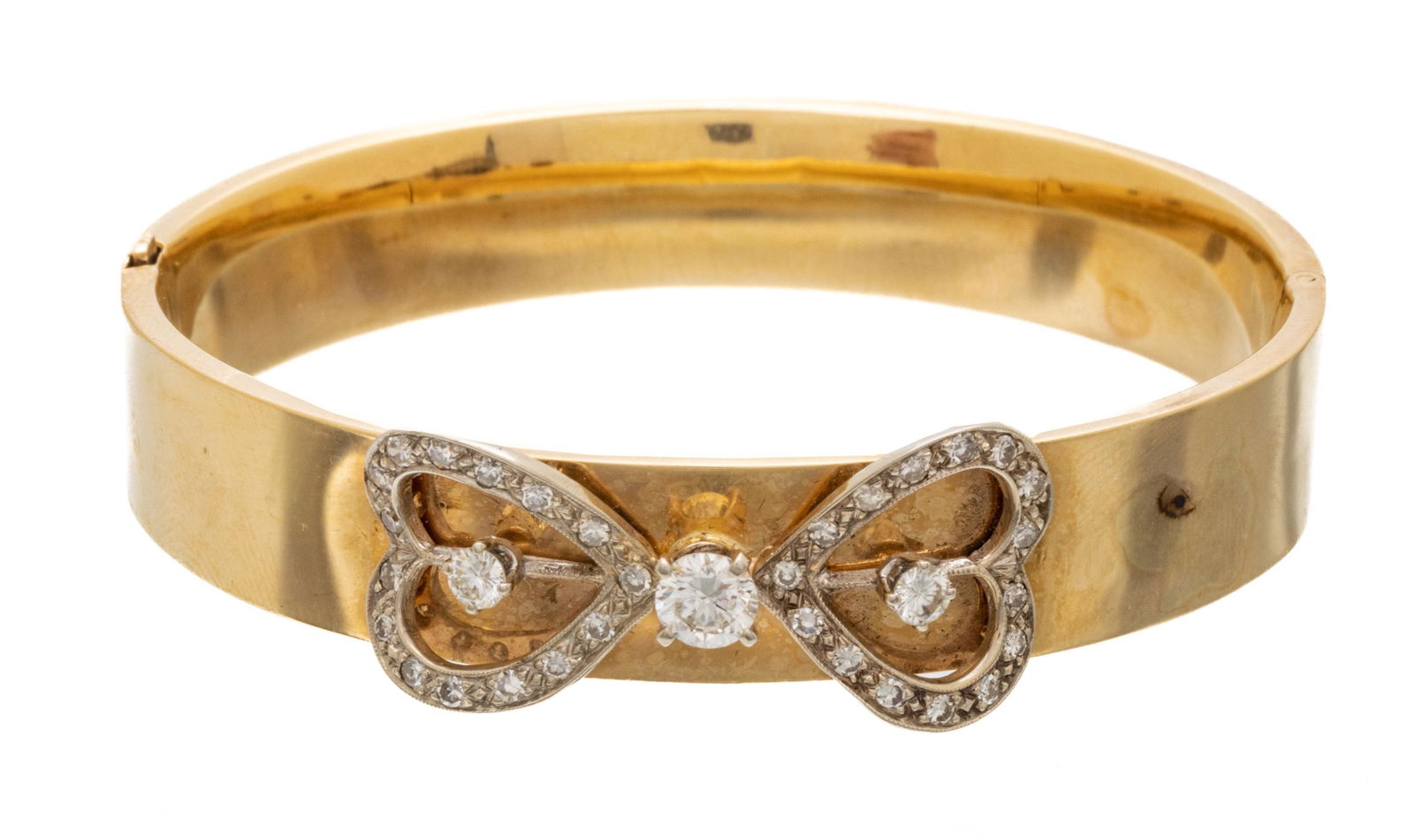 Vintage Hinged Bangle Bracelet, Diamond Bowknot Ca. 1930, W 2.4'' 19.3g (1 of 4)