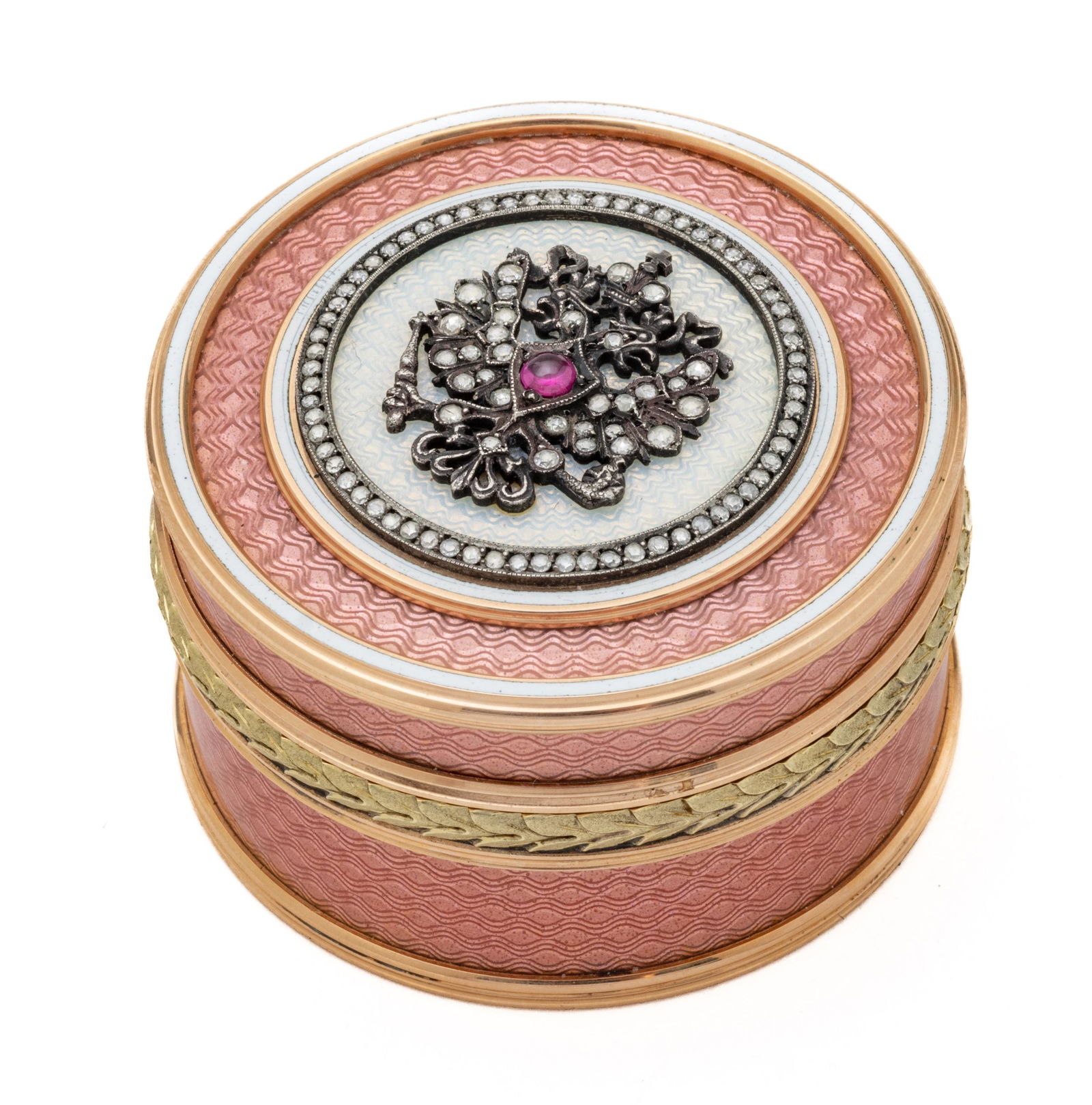 Russian 14kt Gold & Guilloche Enamel Round Box, H 1.25'' Dia. 2'' 123g (1 of 10)