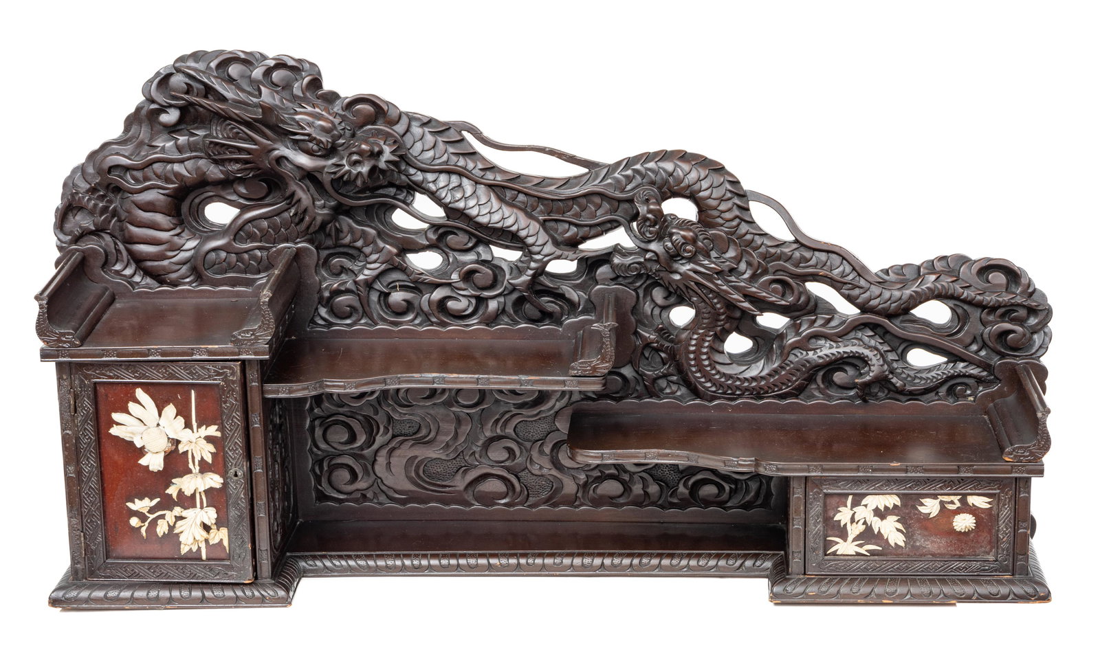 Japanese Carved Teakwood Desk Shelf, Dragon Motif, H 22'' W 42'' Depth 9.5'' (1 of 6)
