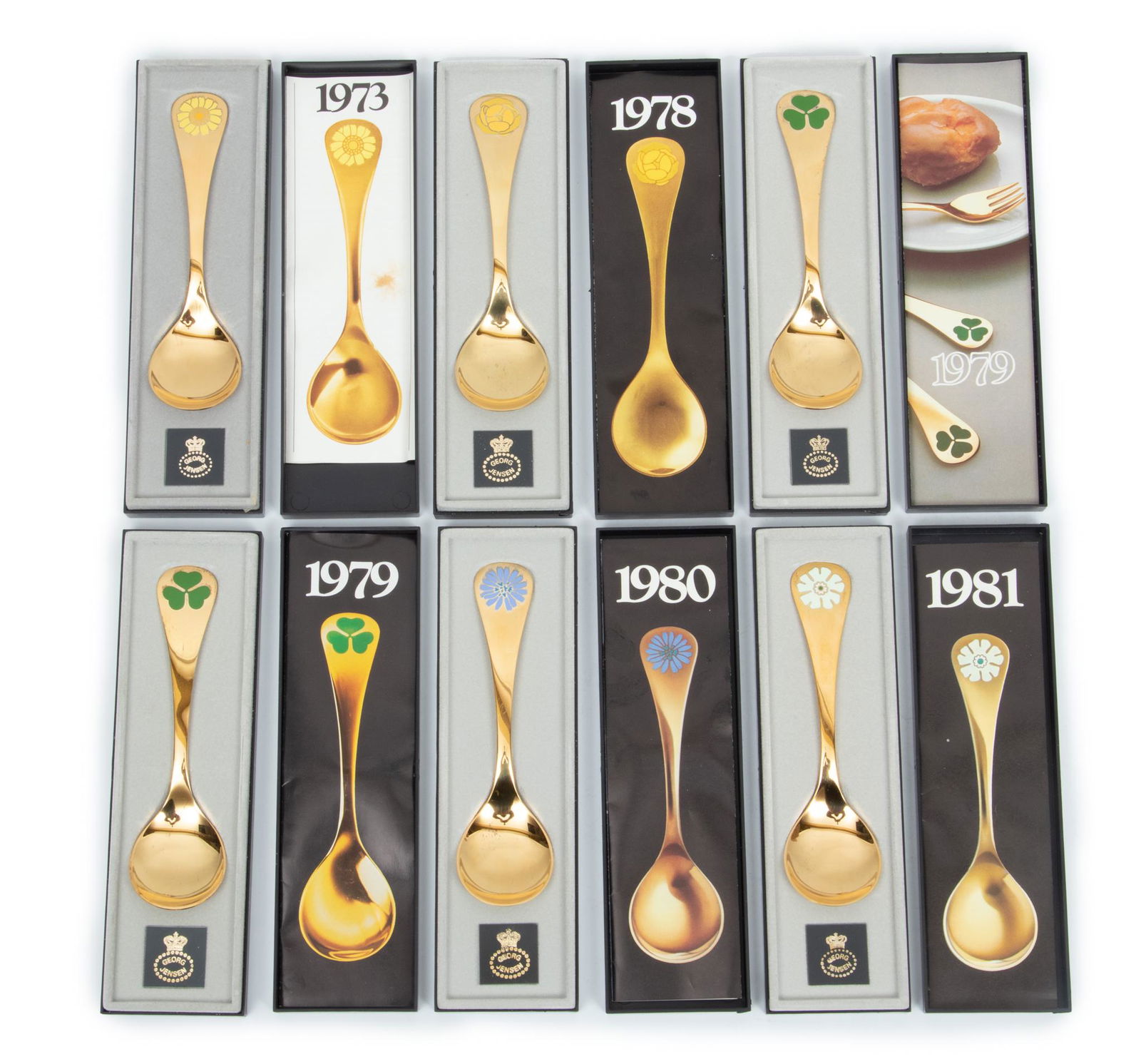 Georg Jensen (Danish, Est.1904) Gilded Sterling Silver & Enamel Spoons, 1973-1981, L 5.8'' 8.68t oz (1 of 6)