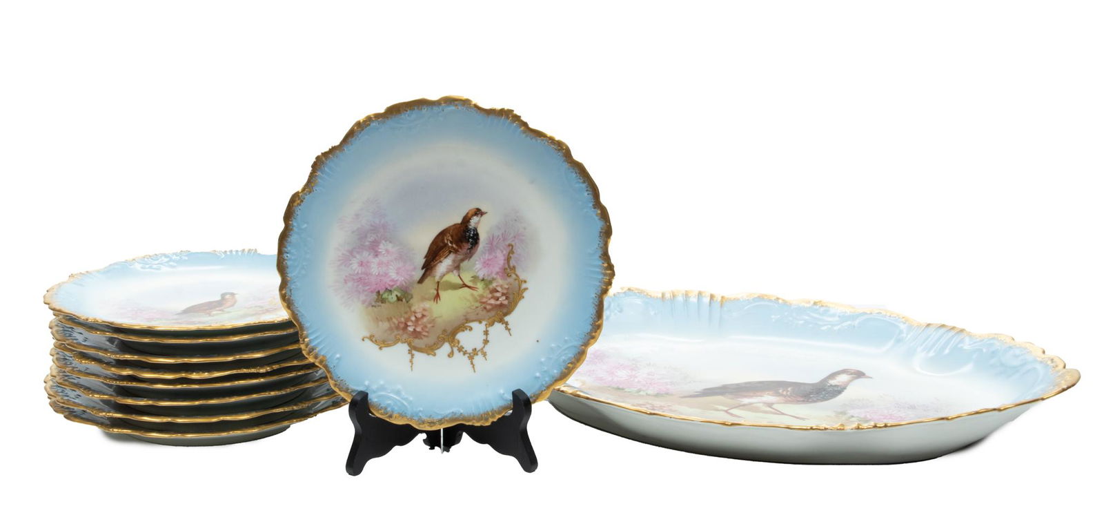 Limoges (France) Painted Porcelain Dinner Plates & Serving Platter, Game Birds, Dia. 9.5'' 10 pcs (1 of 9)