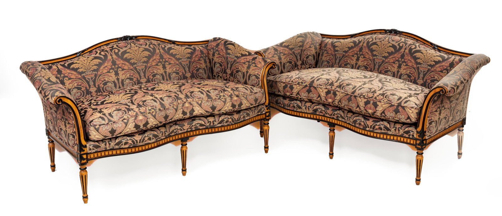 John Widdicomb (American) Louis XVI Style Ebonized Wood Settees, H 33'' W 64'' Depth 30'' 1 Pair: John Widdicomb (American) Louis XVI Style Ebonized Wood Settees, H 33'' W 64'' Depth 30'' 1 Pair | The ebonized wood frames offer scrolling arm rests and fluted feet. Scroll form and urn pattern tapes