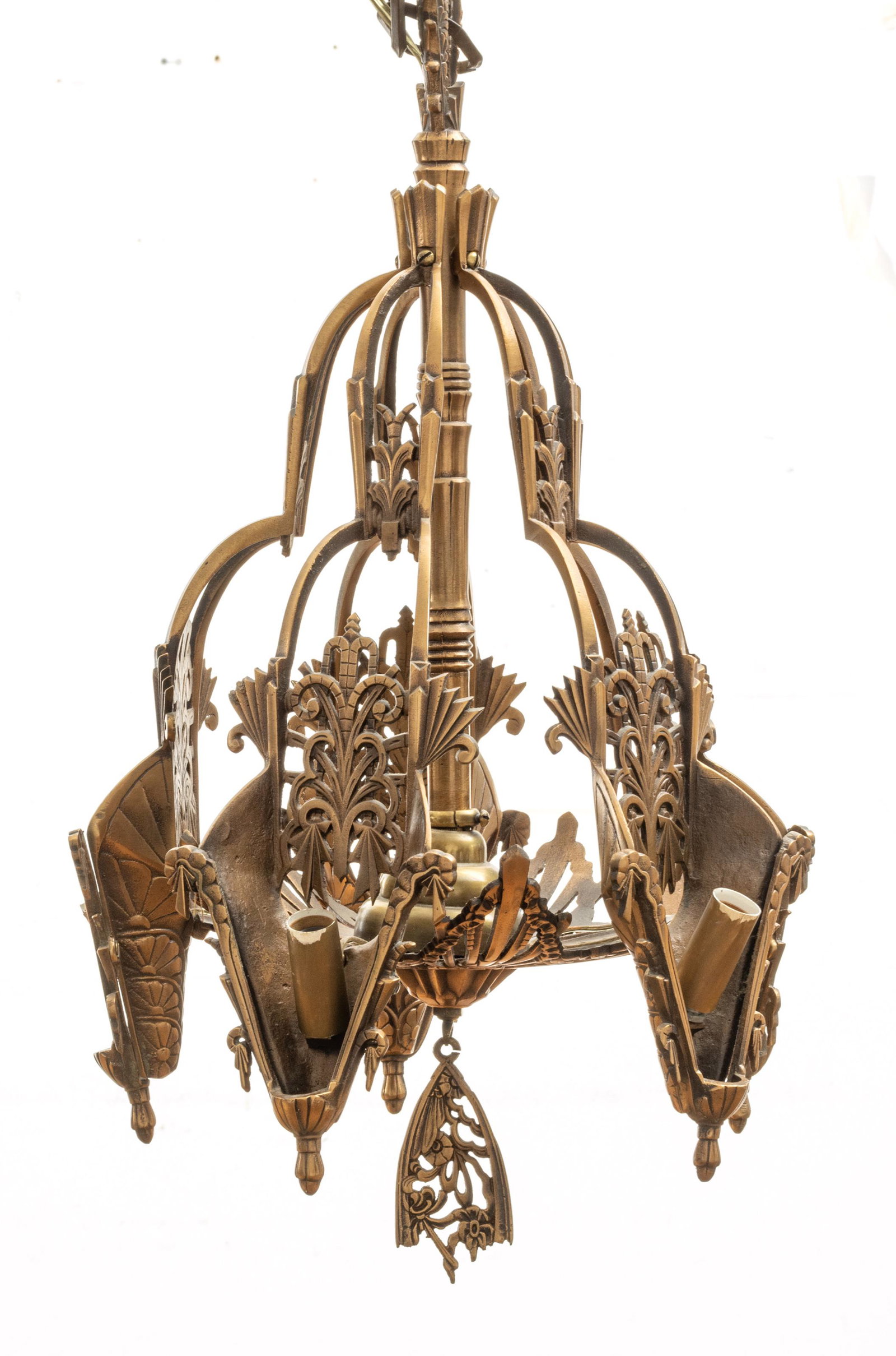 Midwest Mfg. Co (Kansas City) Art Deco Style Bronze 5-light Chandelier, Ca. 1930, H 22'' Dia. 13'' (1 of 4)