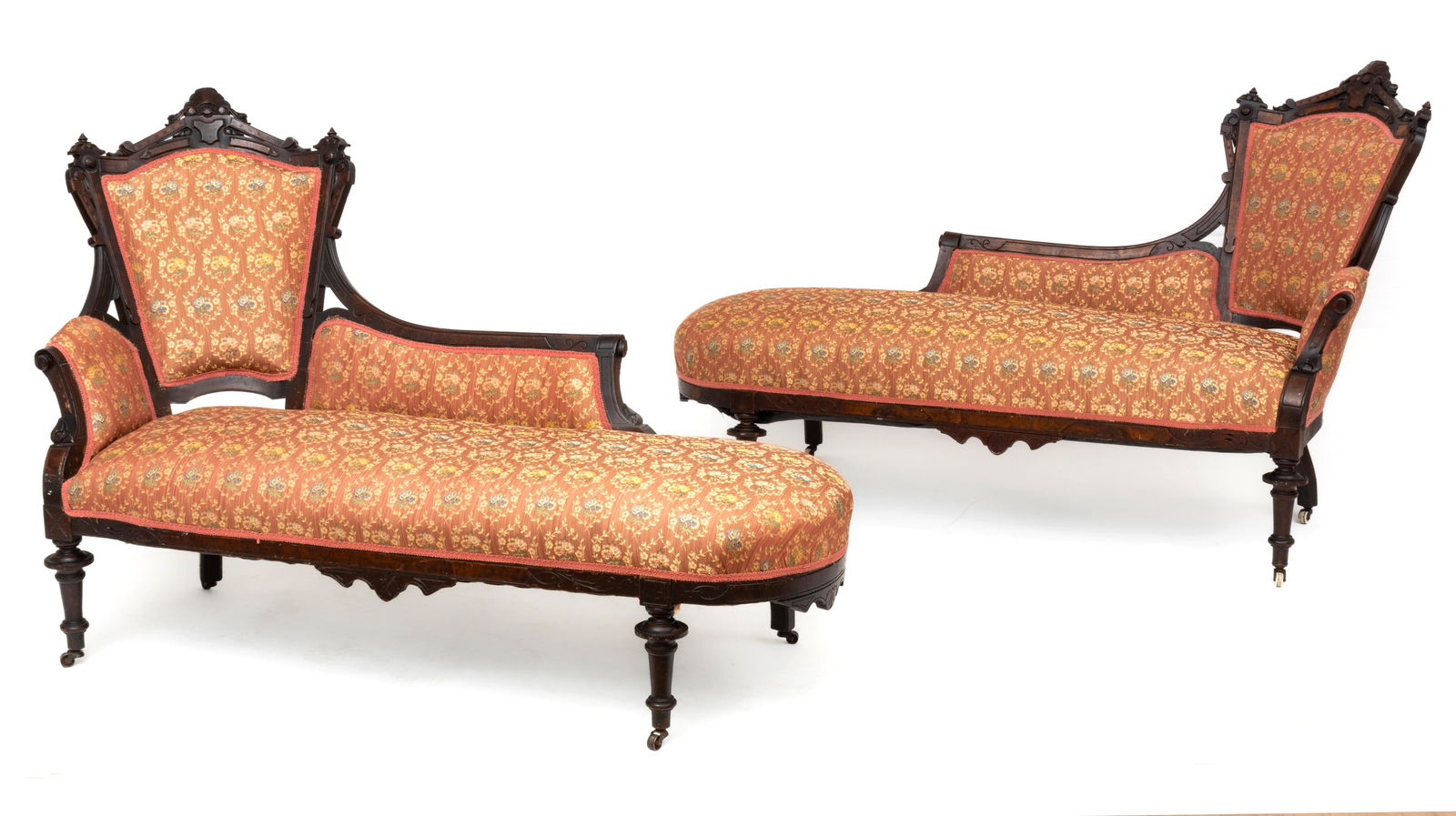 Renaissance Revival Walnut Chaise Lounges, Ca. 1870, H 42'' W 33'' L 70'' 1 Pair (1 of 3)