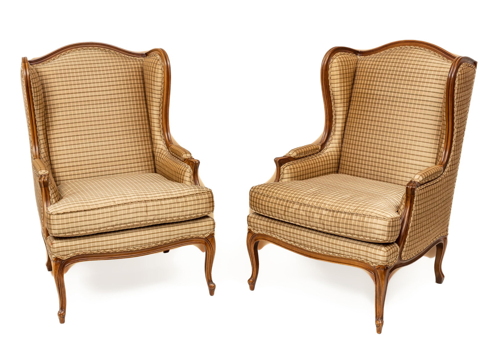 Carved Walnut Wingback Chairs, H 41.5'' W 28'' Depth 26'' 1 Pair: Carved Walnut Wingback Chairs, H 41.5'' W 28'' Depth 26'' 1 Pair | The chairs offer checkered upholstery and terminate on cabriole legs. Branding or maker's marks not seen.