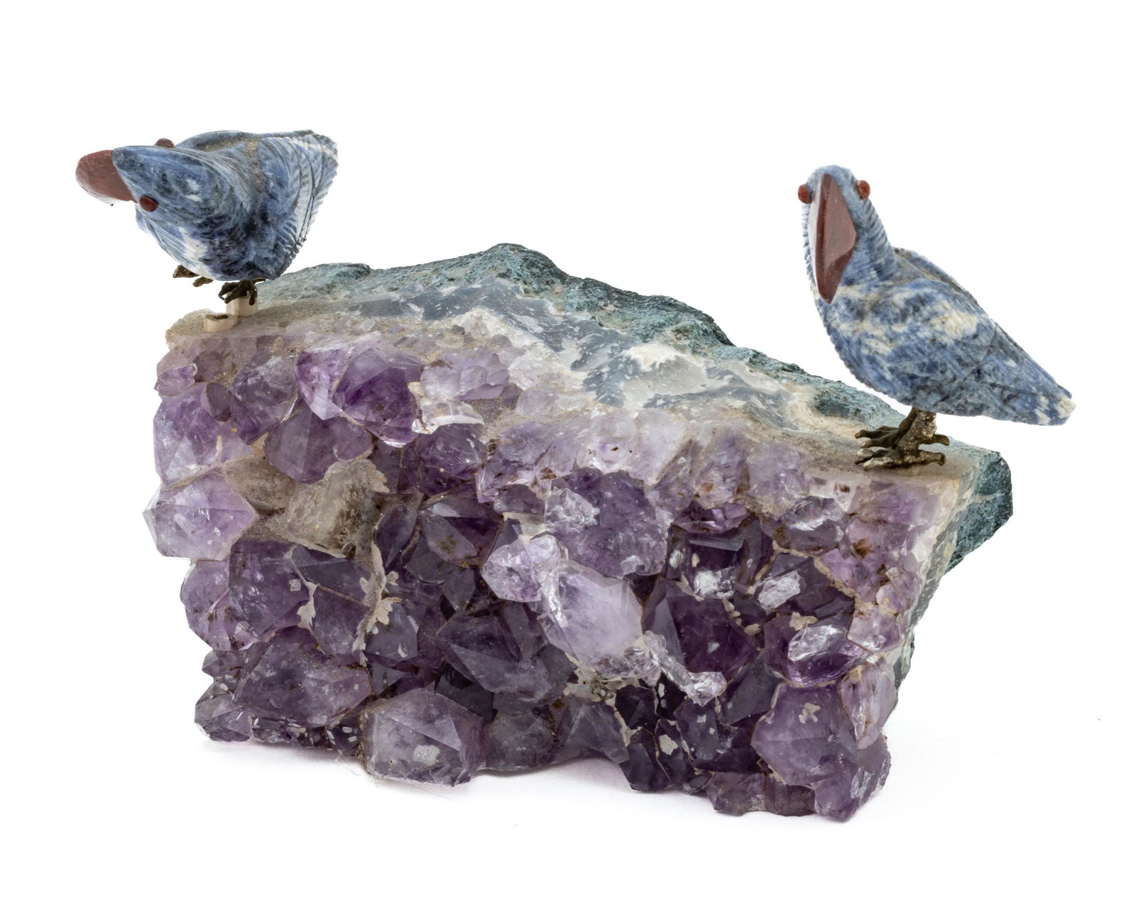 Amethyst & Lapis Bird Figurines On Quartz Geode, H 3'' W 2'' L 4'' (1 of 4)