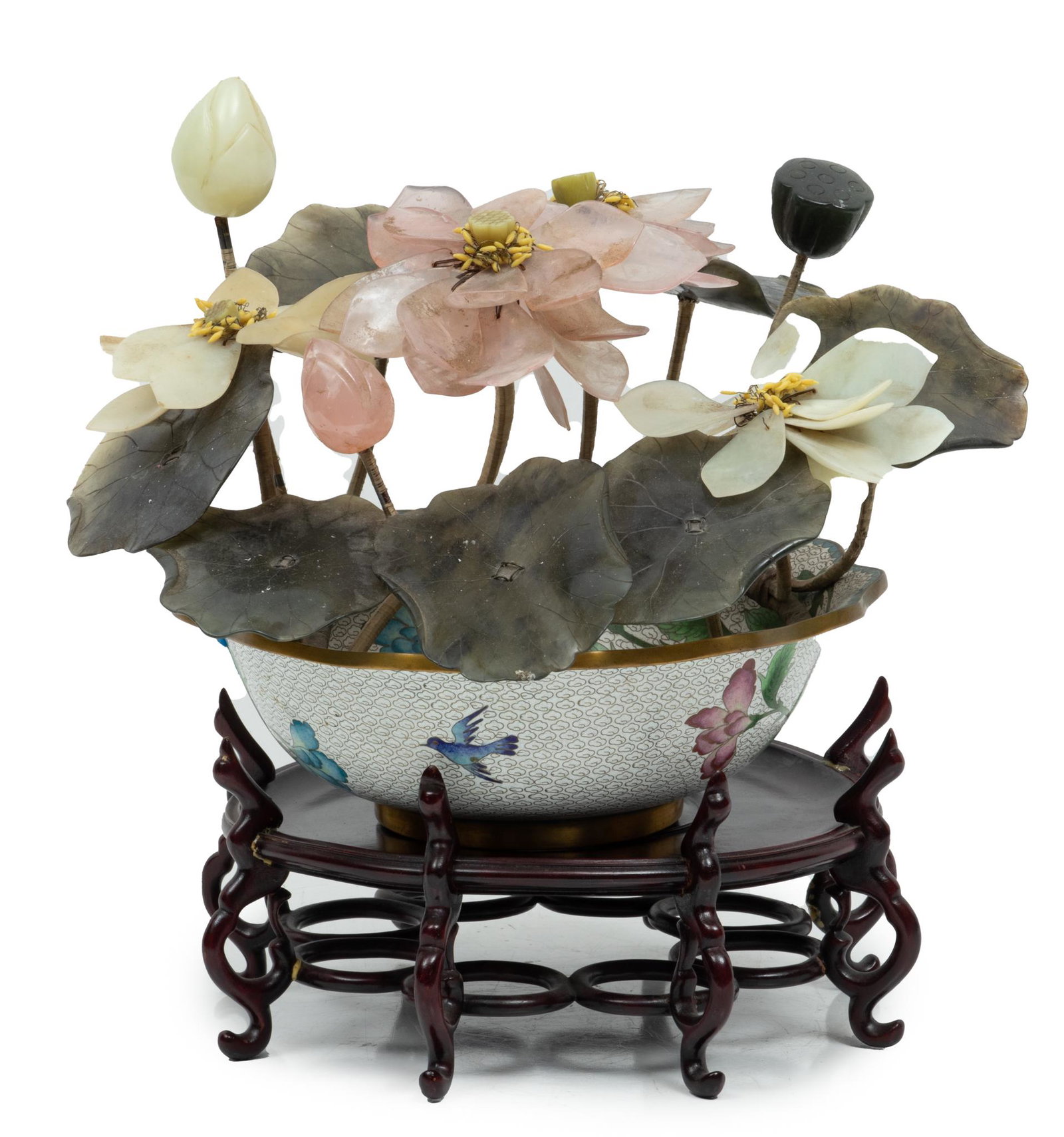 Hardstone Lily Arrangement In A Cloisonne Pot, H 10'' Dia. 13'': Hardstone Lily Arrangement In A Cloisonne Pot, H 10'' Dia. 13'' | Serpentine and quartz carved flowers and leaves.