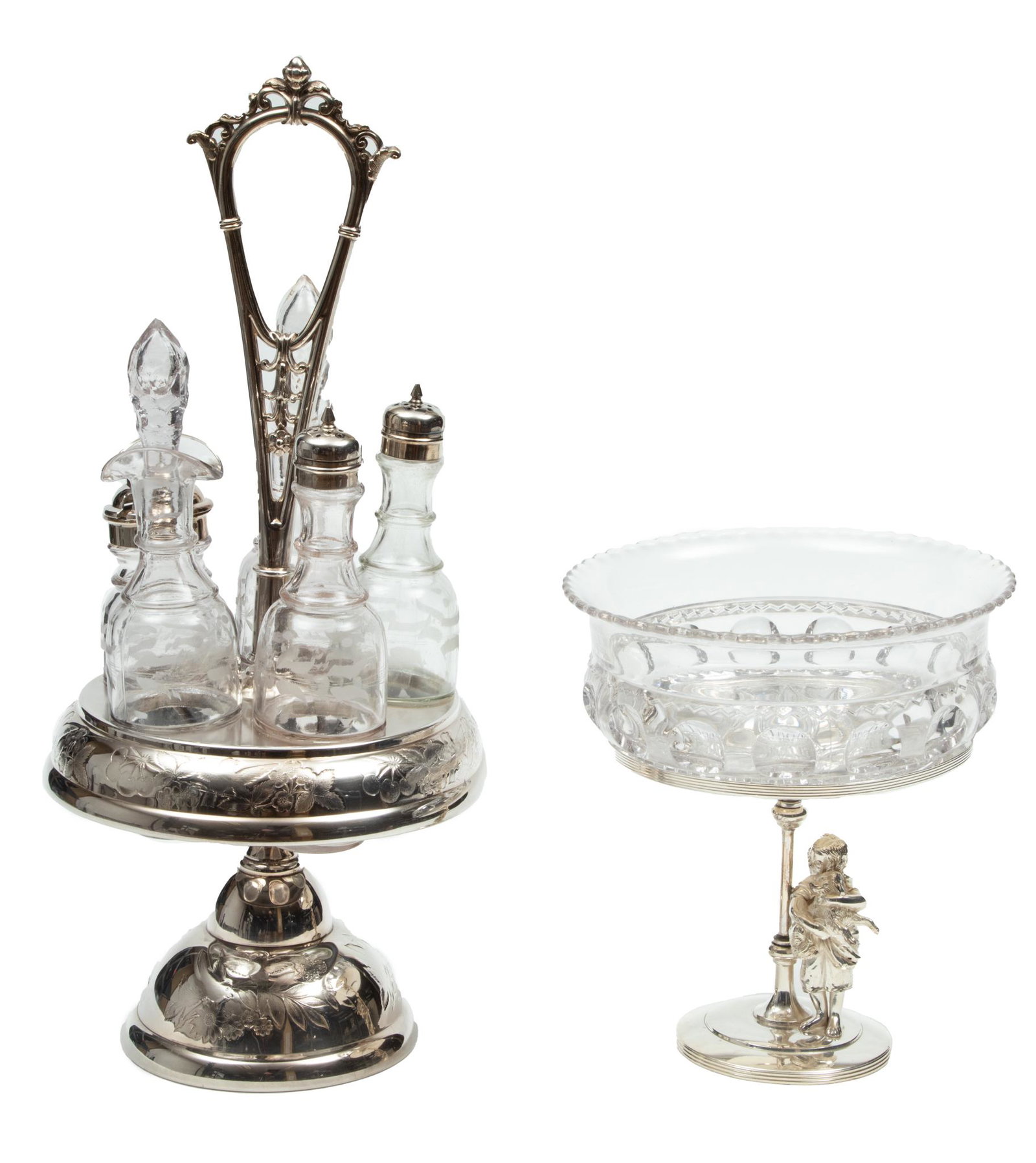 Electro Plate Castor Set Wih 5 Bottles & Meridan Compote Ca. 1870, H 17'' Dia. 7'' 2 pcs (1 of 7)