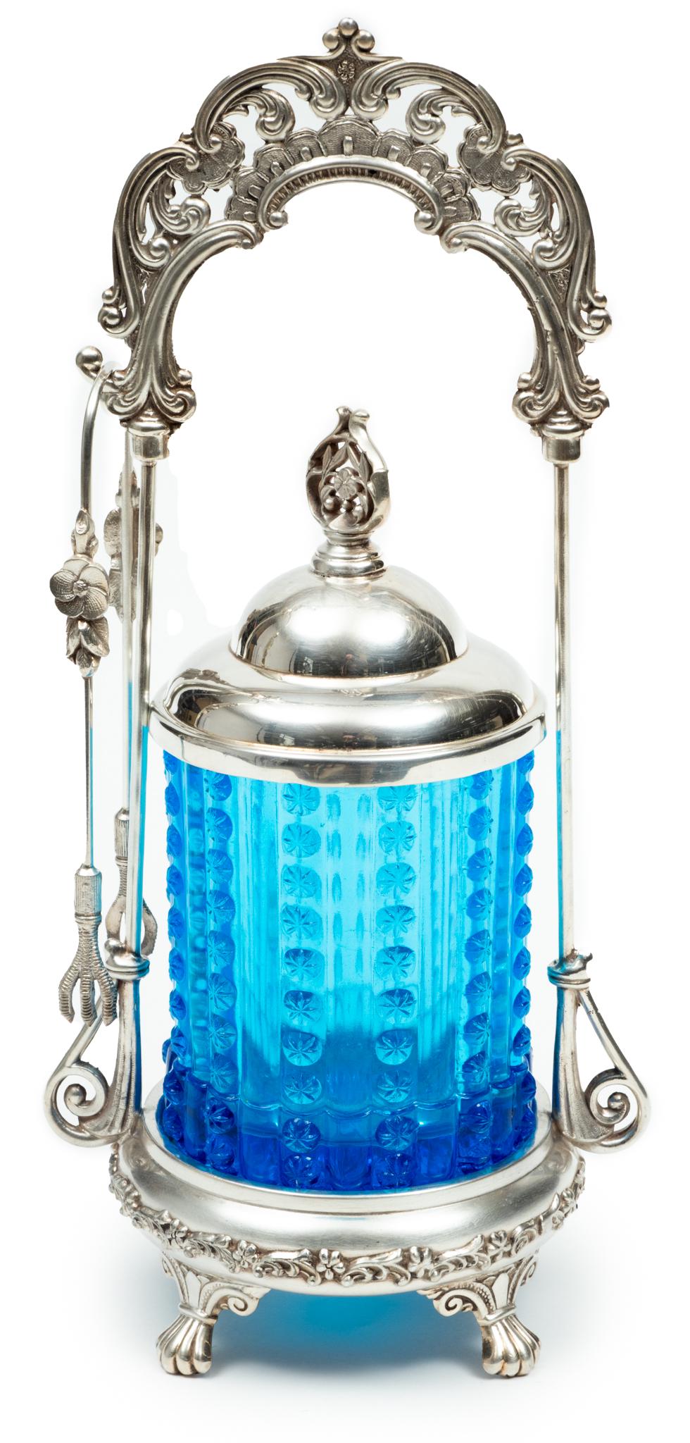 Silver Plate Pickle Castor, Blue Cannister, Eagle Finial Ca. 1880, H 12'' (1 of 6)