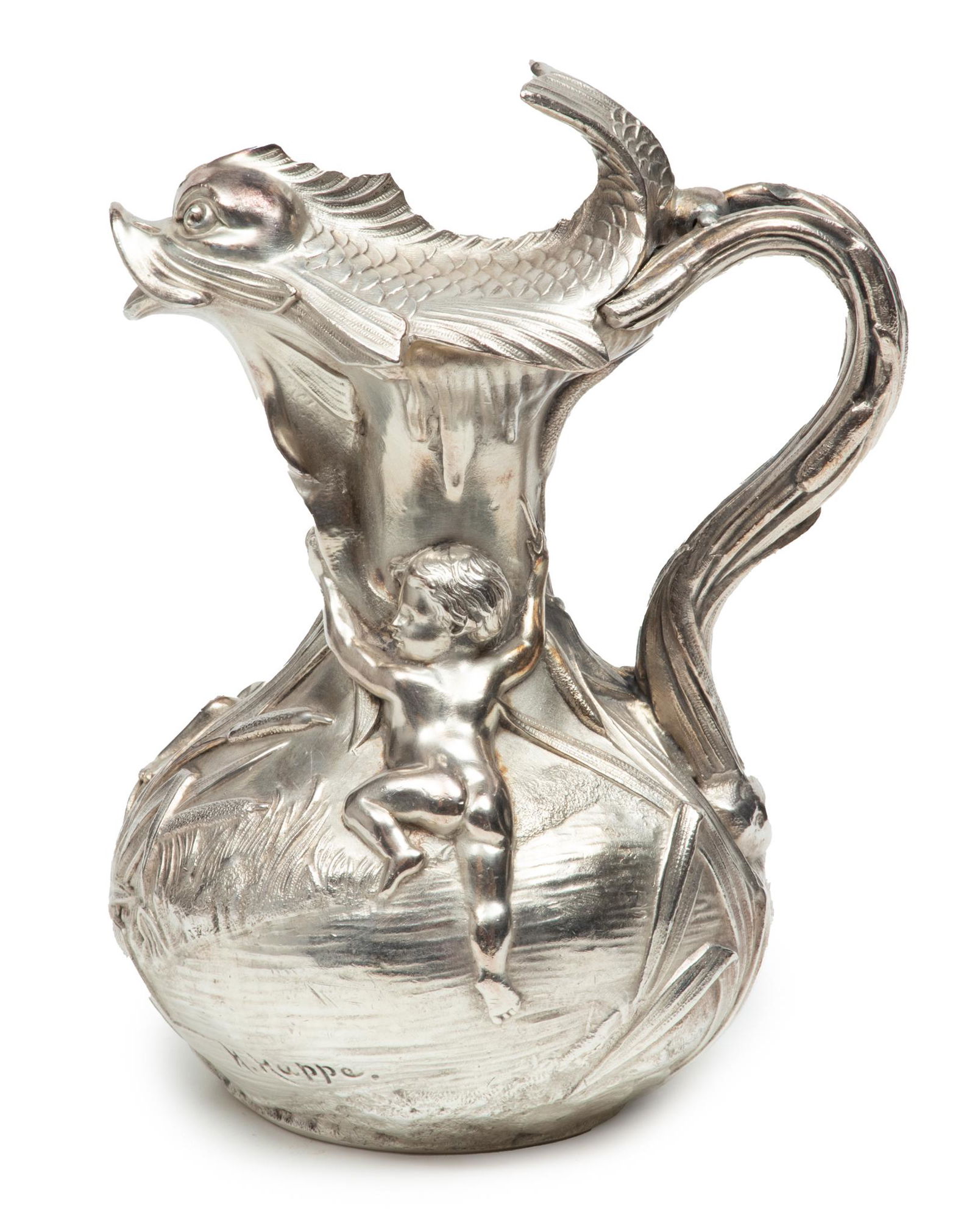 Etain Garanti, French Art Nouveau Pewter, Dolphin & Putti Pitcher, Ca. 1930, H 8.5'' W 6'' (1 of 7)