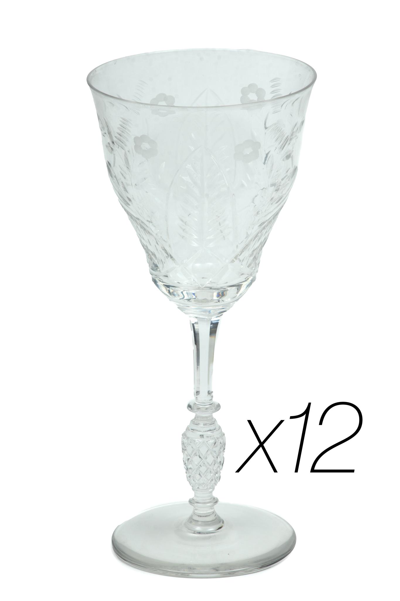 Crystal Goblets, Etched Ca. 1940, H 8'' 12 pcs: Crystal Goblets, Etched Ca. 1940, H 8'' 12 pcs | 12 glasses. No chips. Attractive design. Provenance: Property of a Bloomfield Hills, MI private collector.