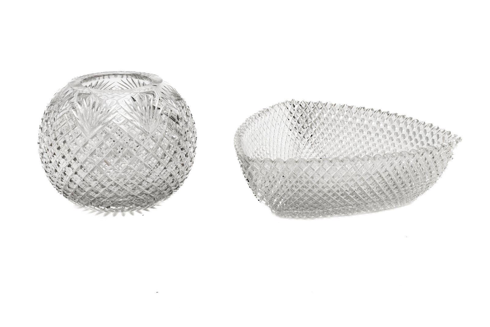 Crystal Russian Hand-cut Bowl & Rose Bowl Vase, Ca. 1900, H 3'' W 10'' L 10'' 2 pcs (1 of 2)