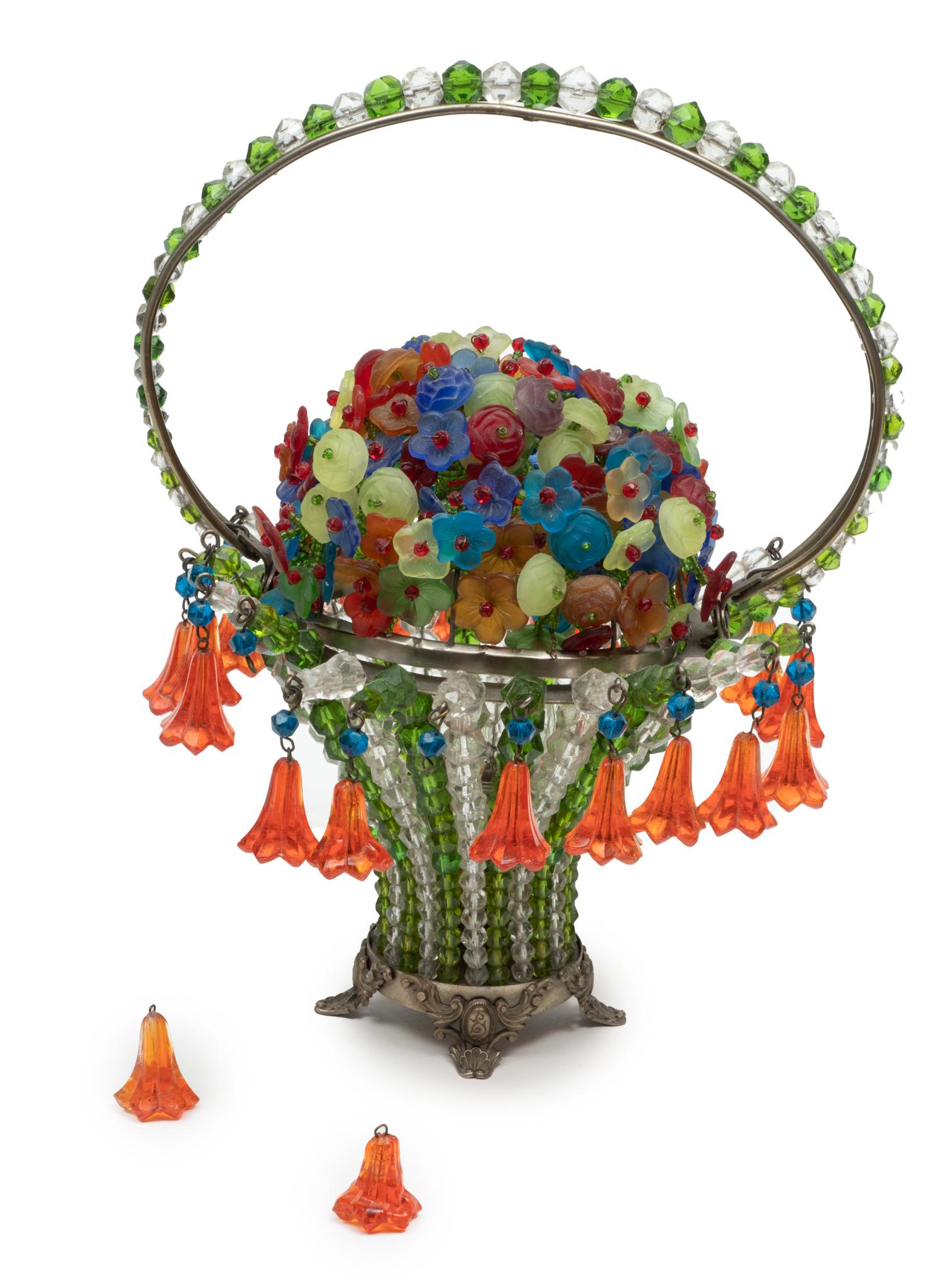 Czechoslovakia Glass Flower Covered Metal Frame Basket Ca. 1930, H 10'' W 8'' (1 of 5)