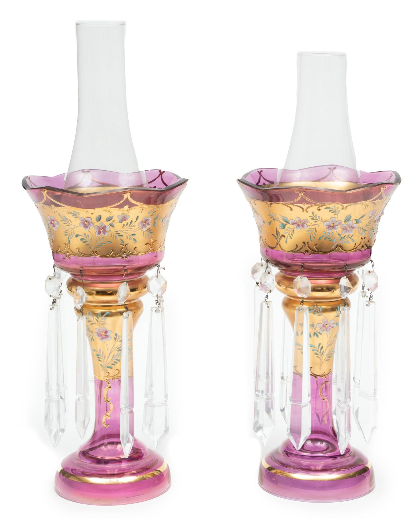 Bohemian Glass Mantel Lusters, Ca. 1920, H 12.75'' Dia. 6.5'' 1 Pair: Bohemian Glass Mantel Lusters, Ca. 1920, H 12.75'' Dia. 6.5'' 1 Pair | The pair are encrusted in gilding with hand-painted enamel floral decoration. With hanging prisms throughout the pair. Circa 1920