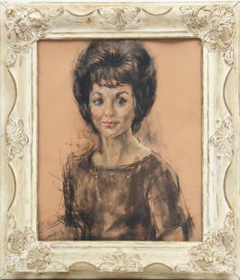 Artis Lane (American, B. 1927) Pastel On Paper, Portrait Of A Lady, H 19'' W 15'': Artis Lane (American, B. 1927) Pastel On Paper, Portrait Of A Lady, H 19'' W 15'' | 1/2 length portrait of a woman rendered in pastel on paper. Unsigned. Artist information on verso. Having a painted