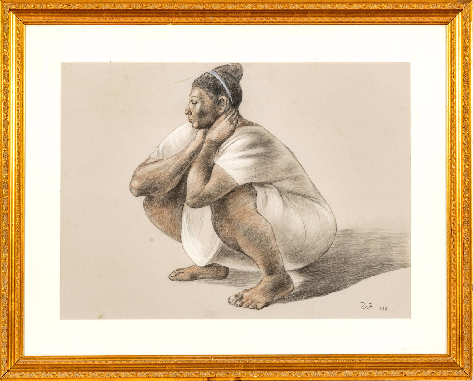 Attributed to Francisco Zúñiga (Mexican, 1912-1998) Charcoal And Pastel On Paper, 1974,: Attributed to Francisco Zúñiga (Mexican, 1912-1998) Charcoal And Pastel On Paper, 1974, Juchitecan Woman (Kneeling), H 21.5'' W 29.5'' | Signed and dated lower right. Frame Measurements H 32