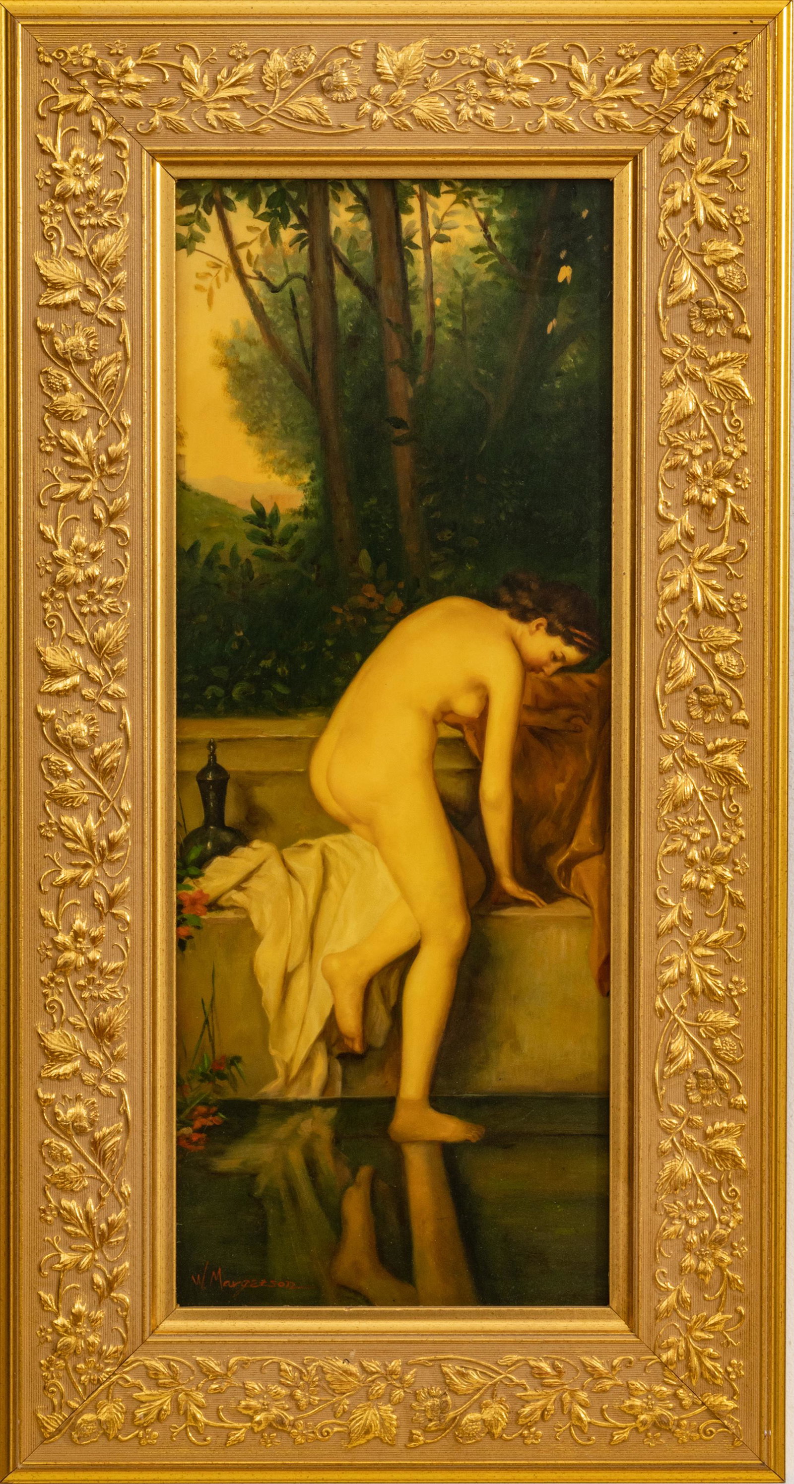 W. Margetson Neoclassical Syle Painting On Porcelain Plaque Late 20th C., After The Bath, H 20'' W: W. Margetson Neoclassical Syle Painting On Porcelain Plaque Late 20th C., After The Bath, H 20'' W 8'' | Signed lower left. Frame 25.5" X 13.5". Provenance: From the Estate of Leon Zielinski.
