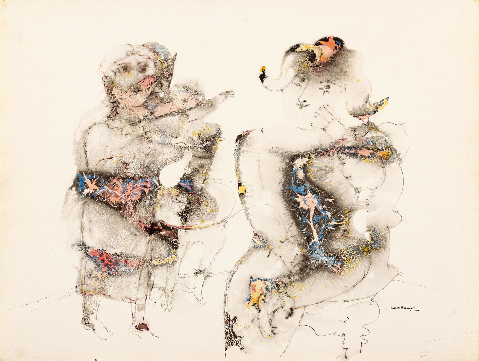 Sakti Burman (Indian, B. 1935) Watercolor And Ink On Watermarked Wove Paper, Two Women And A Child, (1 of 6)
