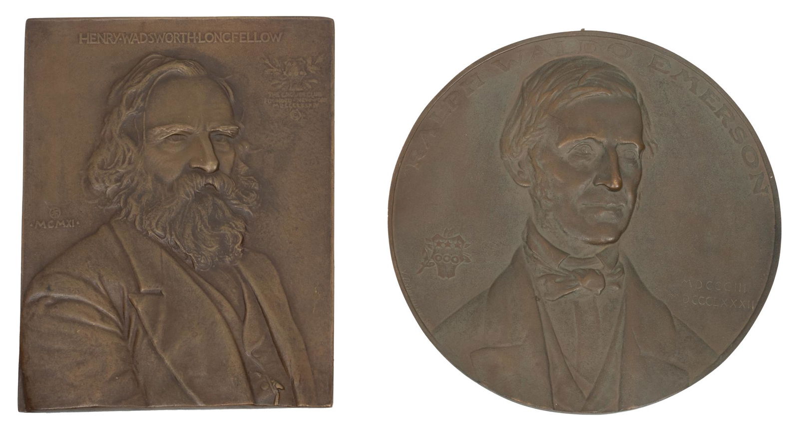 The Grolier Club, Commemorative Bronze Plaques, Longfellow & Emerson, H 7.5'' W 5.75'' 2 pcs (1 of 2)