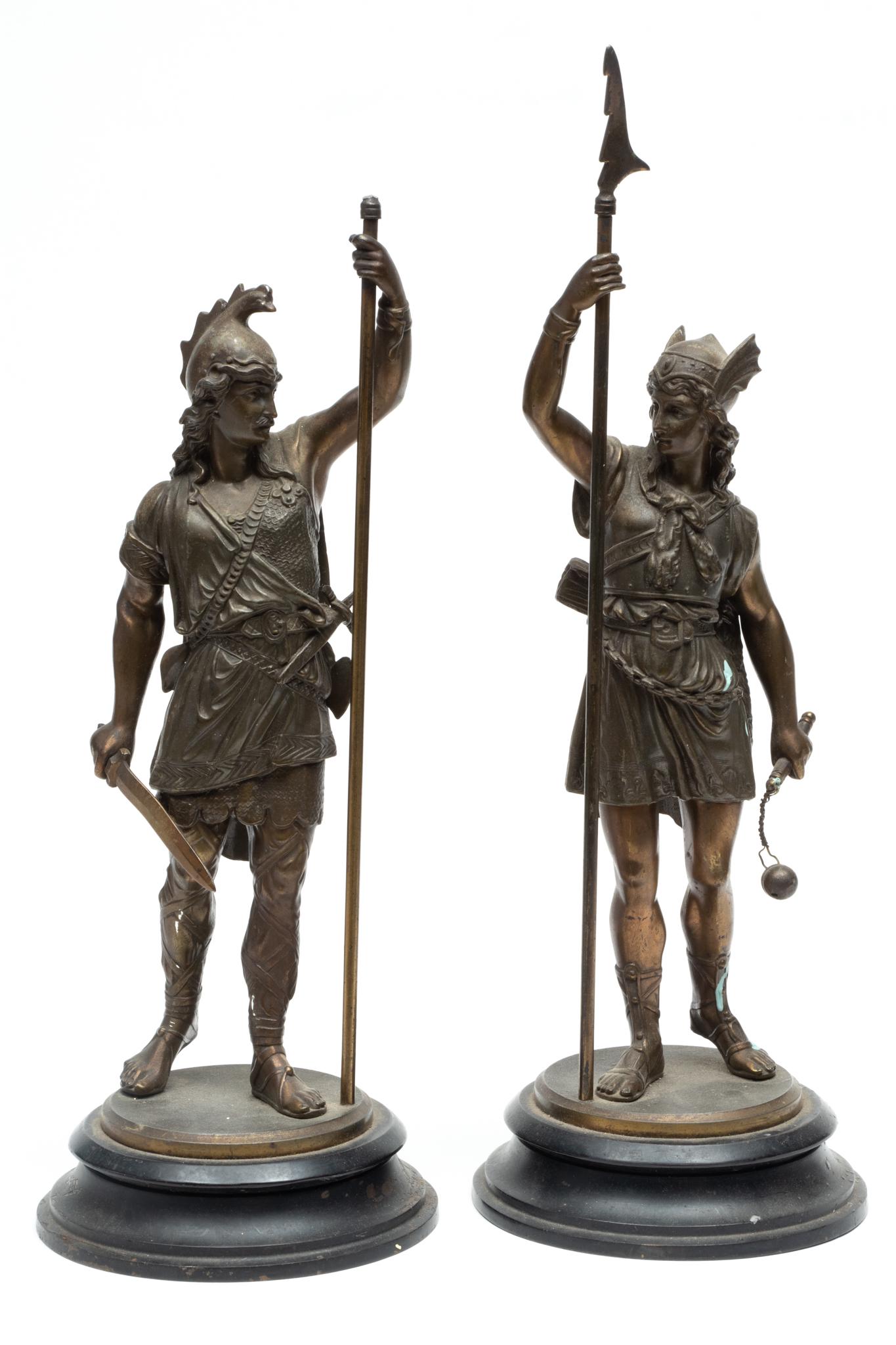 Patinated Spelter Sculptures, Late 19th/early 20th C., Germanic Warriors, H 18.5'' Dia. 6.5'' (1 of 4)