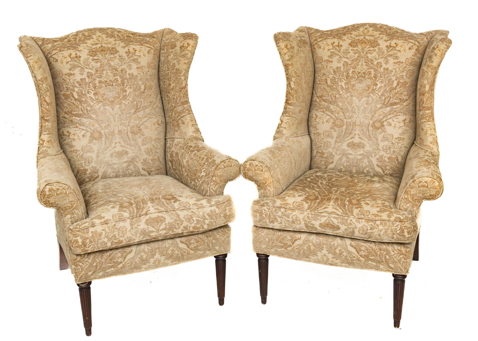 Lilian August For Drexel Heritage Pair Of Wingback Chairs: Lilian August For Drexel Heritage Pair Of Wingback Chairs | Urn and floral designed upholstery. Provenance: Property of a Grosse Pointe Park, MI private collector.