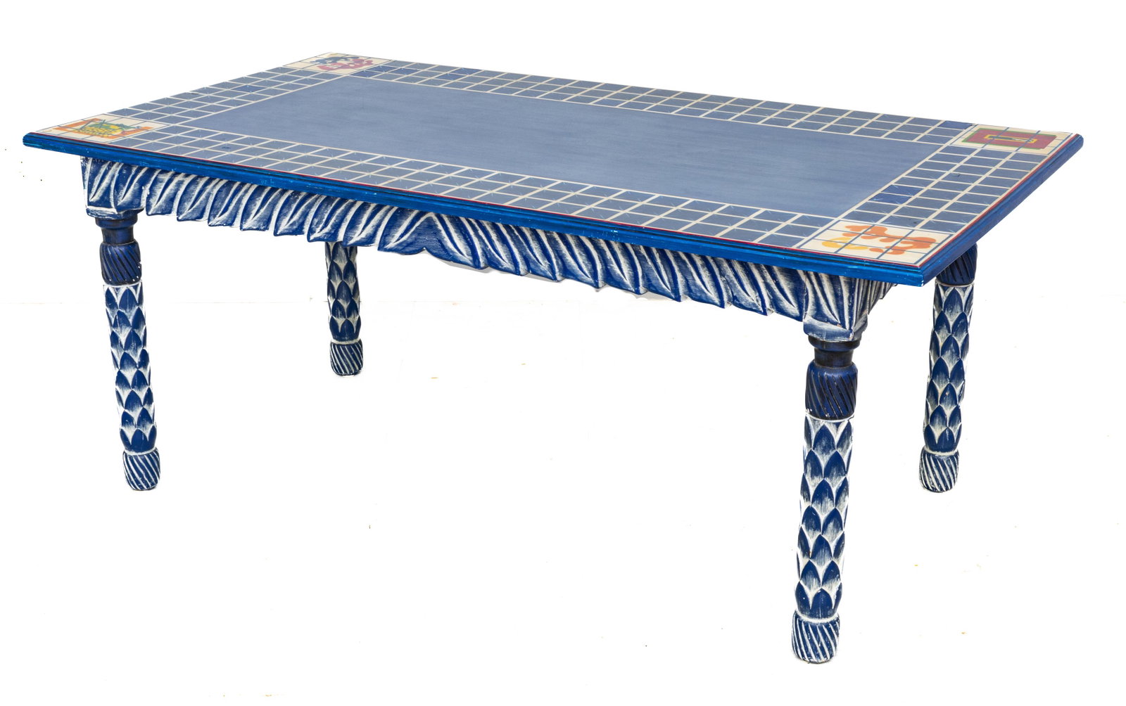 After Matisse. Dining Table , Made In Mexico H 30'' W 38'' L 72'': After Matisse. Dining Table , Made In Mexico H 30'' W 38'' L 72'' | Blue surface. Pineapple motif legs.