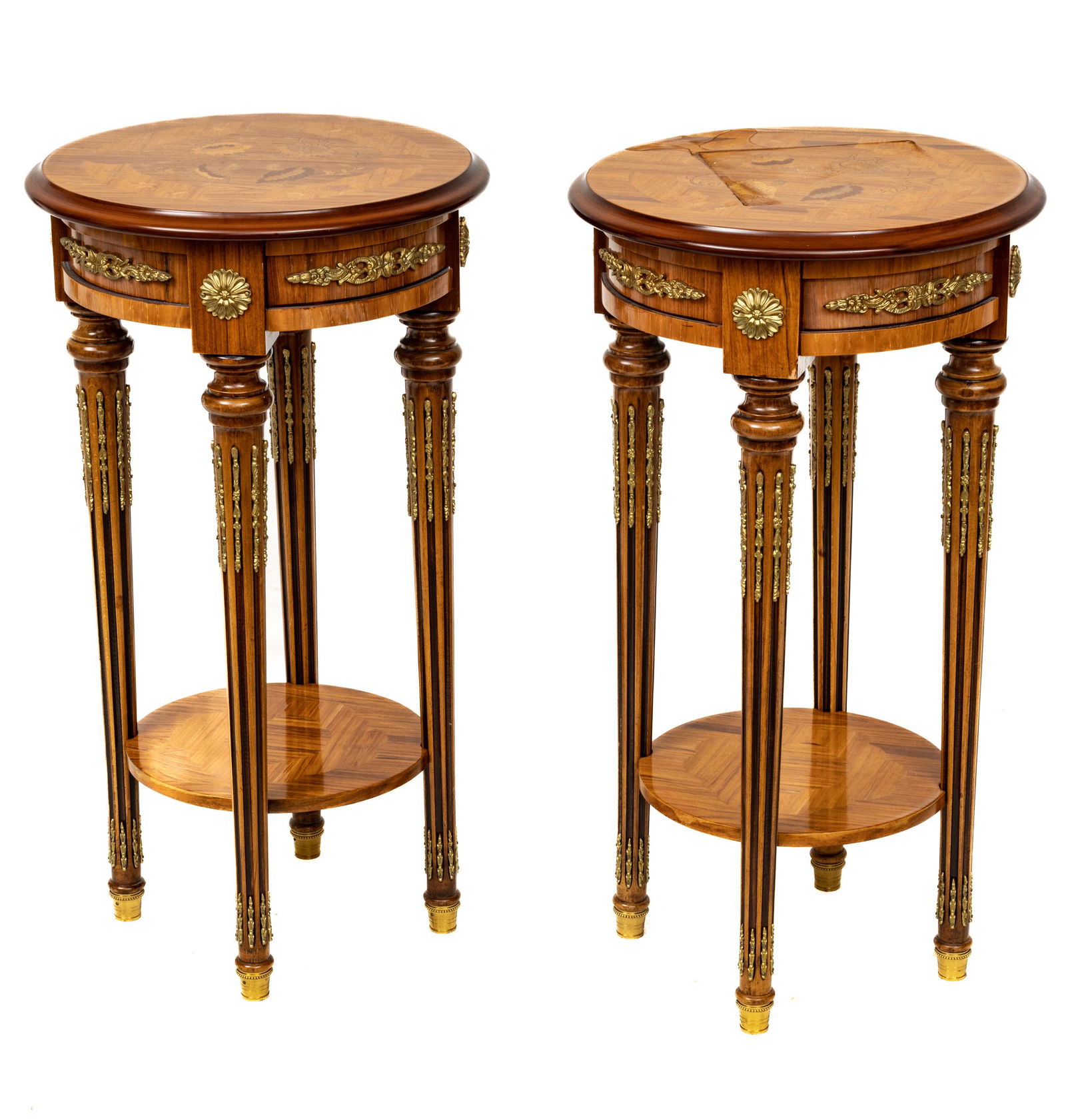 Louis XVI Style Fruitwood Parquetry & Ormolu End Tables, H 28'' Dia. 16'' 1 Pair (1 of 5)