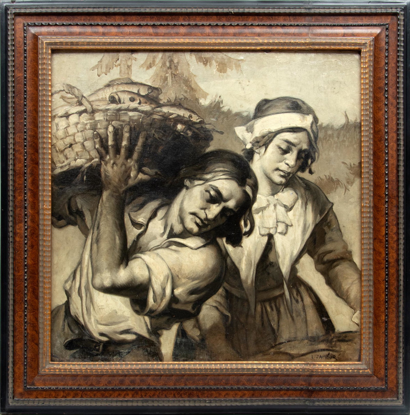 Louis Jambor (Hungarian-American, 1884-1955) Oil On Canvas Mounted To Board, Fishmongers, H 29'' W: Louis Jambor (Hungarian-American, 1884-1955) Oil On Canvas Mounted To Board, Fishmongers, H 29'' W 29'' | Signed in the lower right. Oil on canvas en grisaille depicting a fisherman and his wife carry
