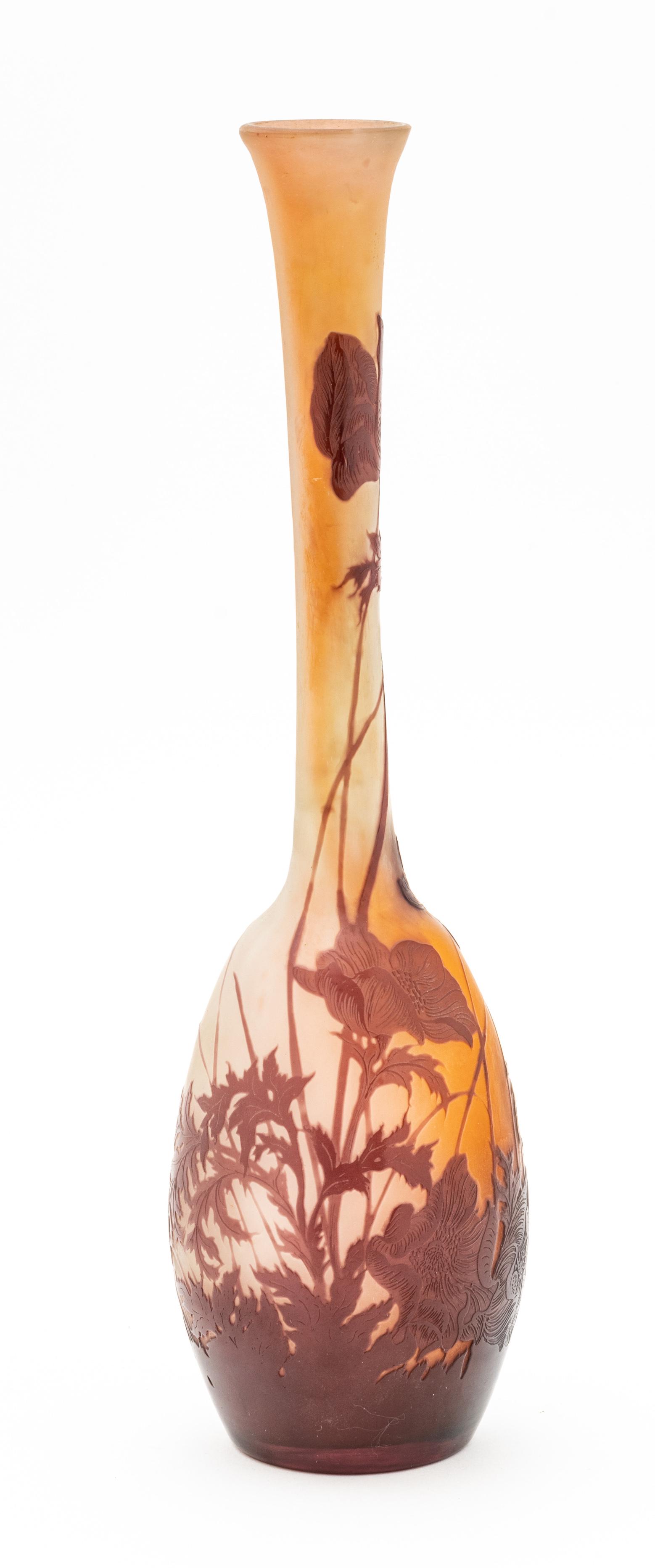Emille Galle, Cameo Glass Stick Neck Vase Ca. 1900, Flower Motif, H 14.7'' Dia. 4'' (1 of 6)