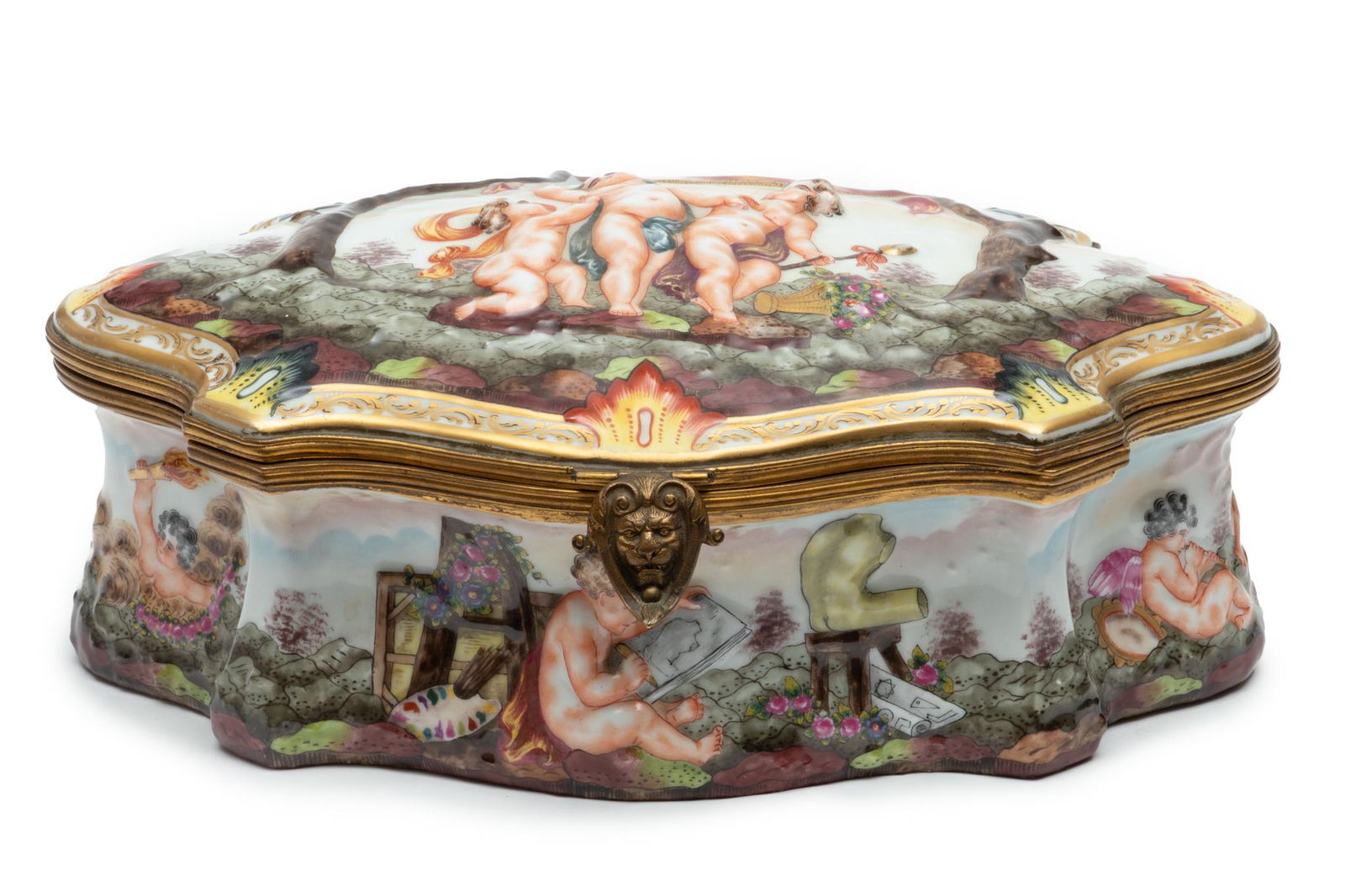 Capo Di Monte Porcelain, Hinged Cover Jewel Box Ca. 1900, H 5.7'' L 12'' Depth 9'' (1 of 8)