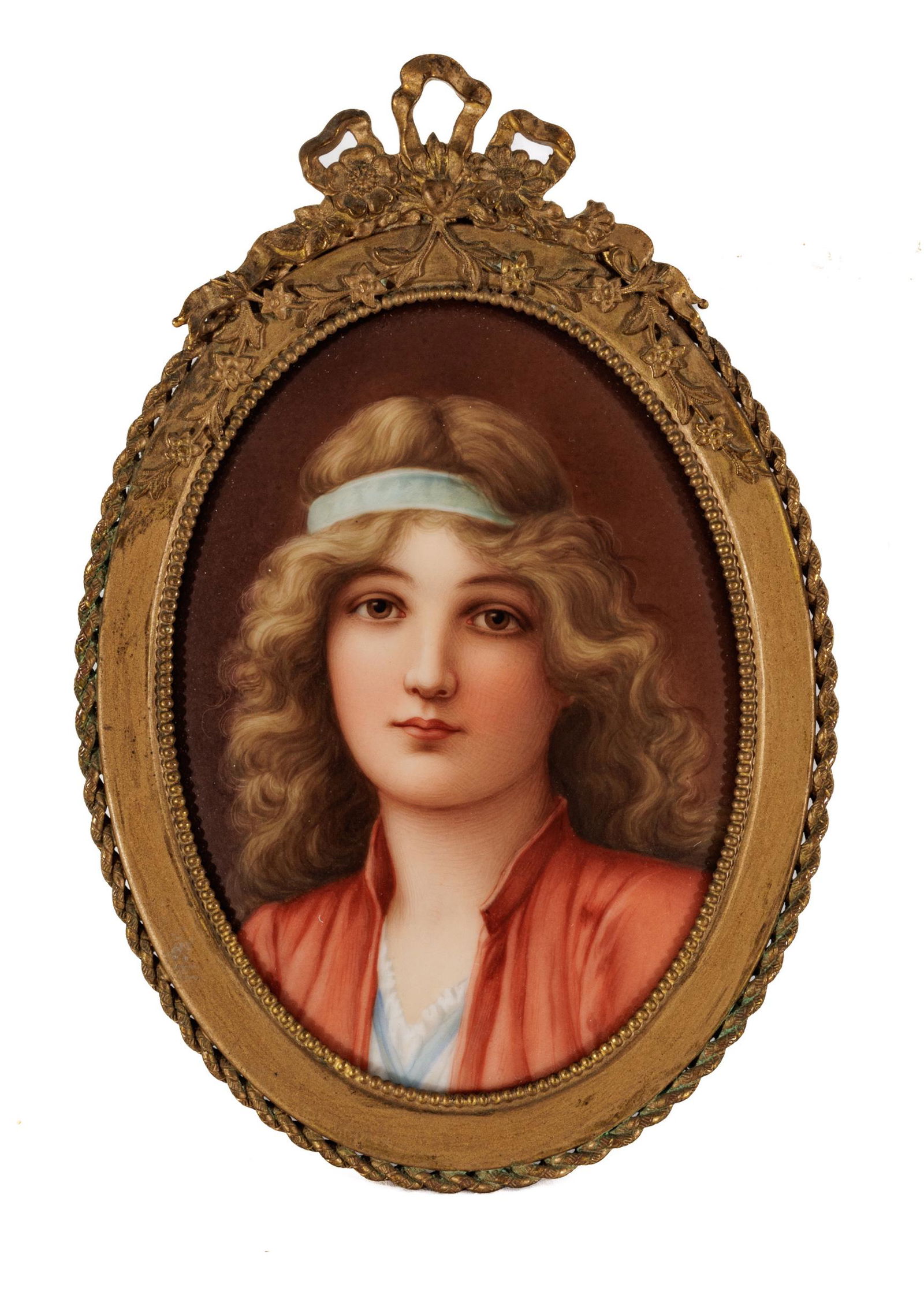 Painting On Porcelain, Oval Portrait Of Young Woman, Bronze Frame Ca. 1900, H 4.7'' W 3.2'' (1 of 2)