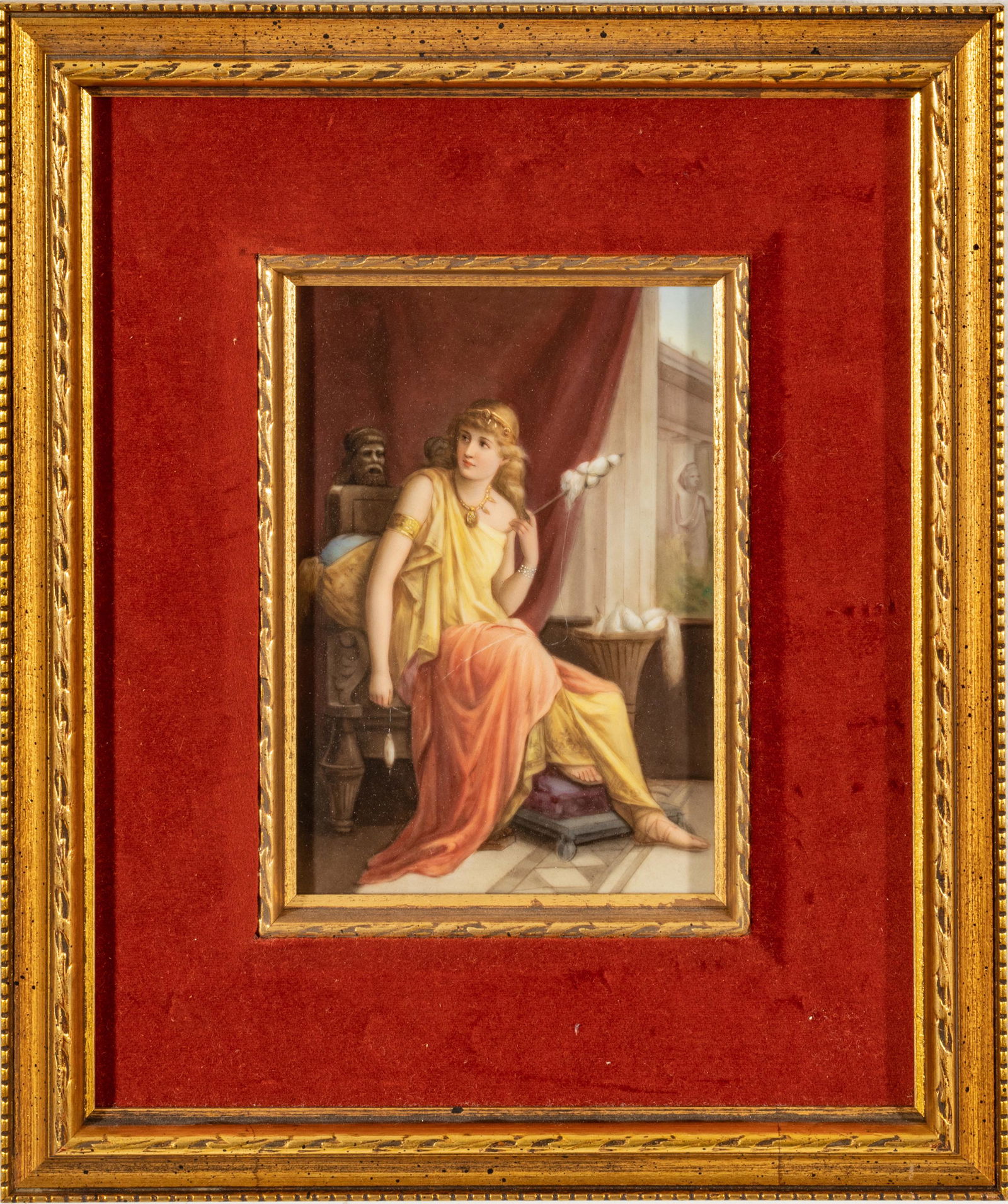 After Diana Coomans (Belgian, 1861-1952) Painting On Porcelain Ca. 1900, La Fileuse, H 7.25'' W: After Diana Coomans (Belgian, 1861-1952) Painting On Porcelain Ca. 1900, La Fileuse, H 7.25'' W 5.25'' | Unsigned. Titled on verso. Depicting a classical woman spinning wool. Provenance: From the Esta