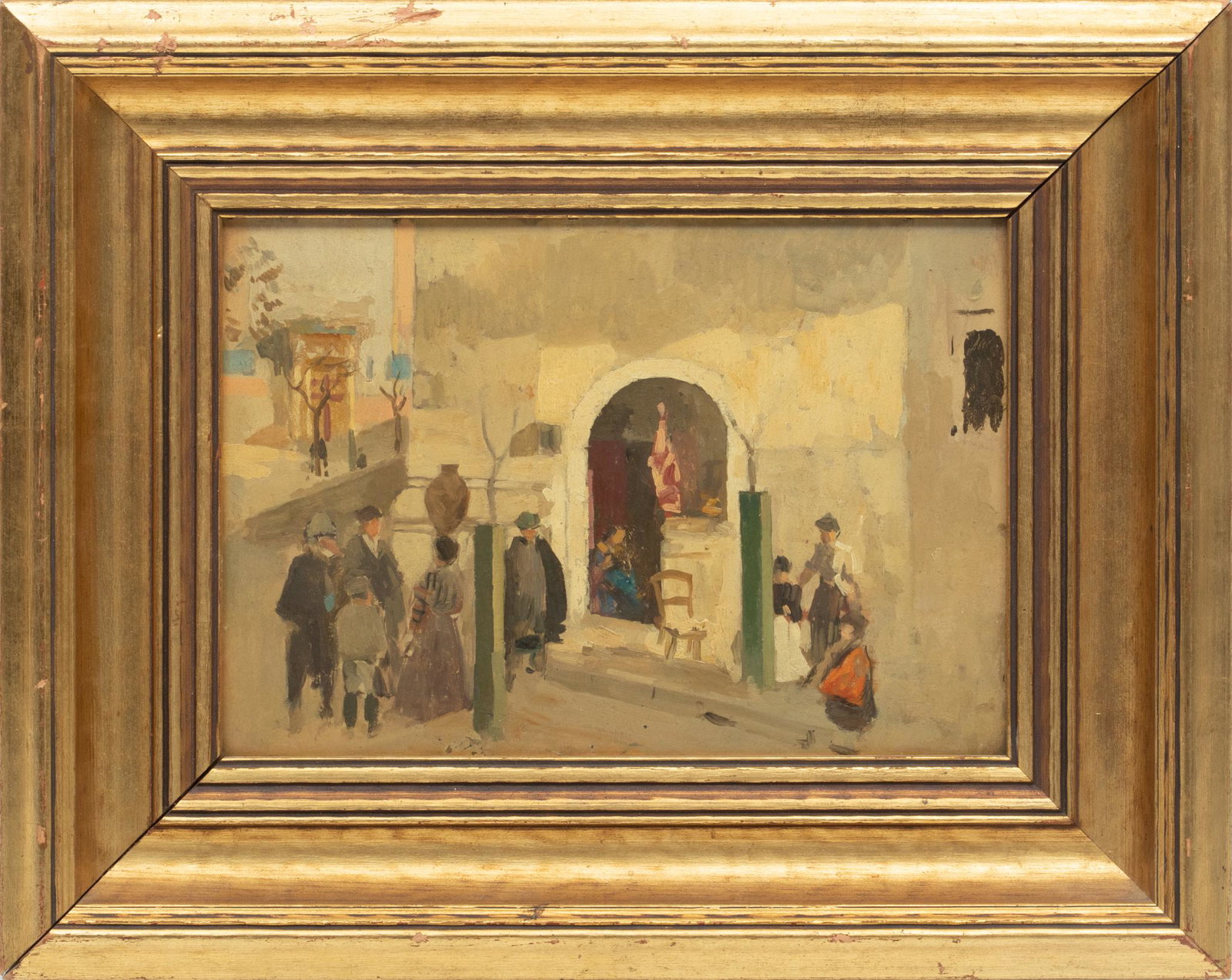 Attributed to James Kerr-Lawson (Canadian, 1864-1939) Oil On Board, "Shop In Toarmina", H 7.75'' W: Attributed to James Kerr-Lawson (Canadian, 1864-1939) Oil On Board, "Shop In Toarmina", H 7.75'' W 11'' | Unsigned. Framed H 14", W 17.25". Depicting a market scene.