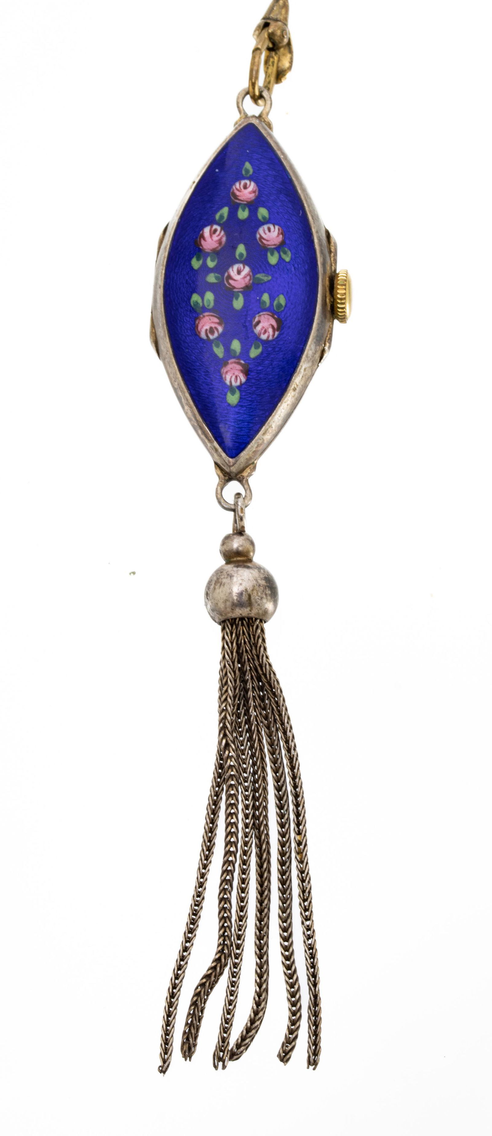 Bucherer Sterling And Painted Enamel Necklace Watch: Bucherer Sterling And Painted Enamel Necklace Watch | Having unmarked chain with seed pearl accents.
