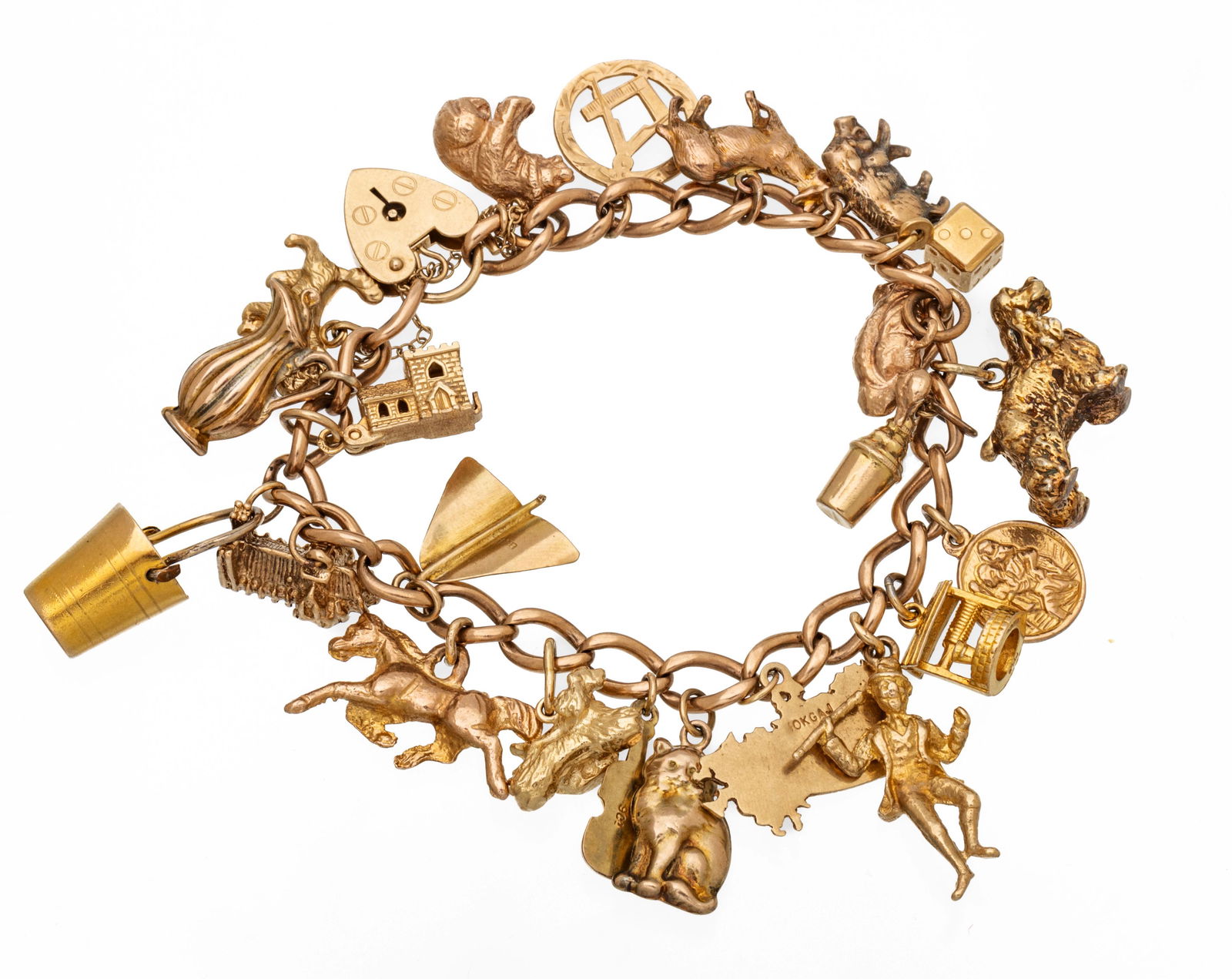Vintage Gold Charm Bracelet, L 6.5" 58g (1 of 9)