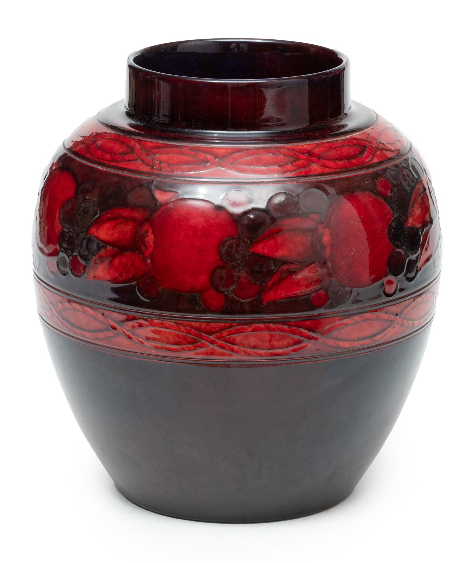 Moorcroft (English) Flambe Glaze Pottery Vessel, Kumquat & Berry Motif, H 9.5" Dia. 8" (1 of 5)