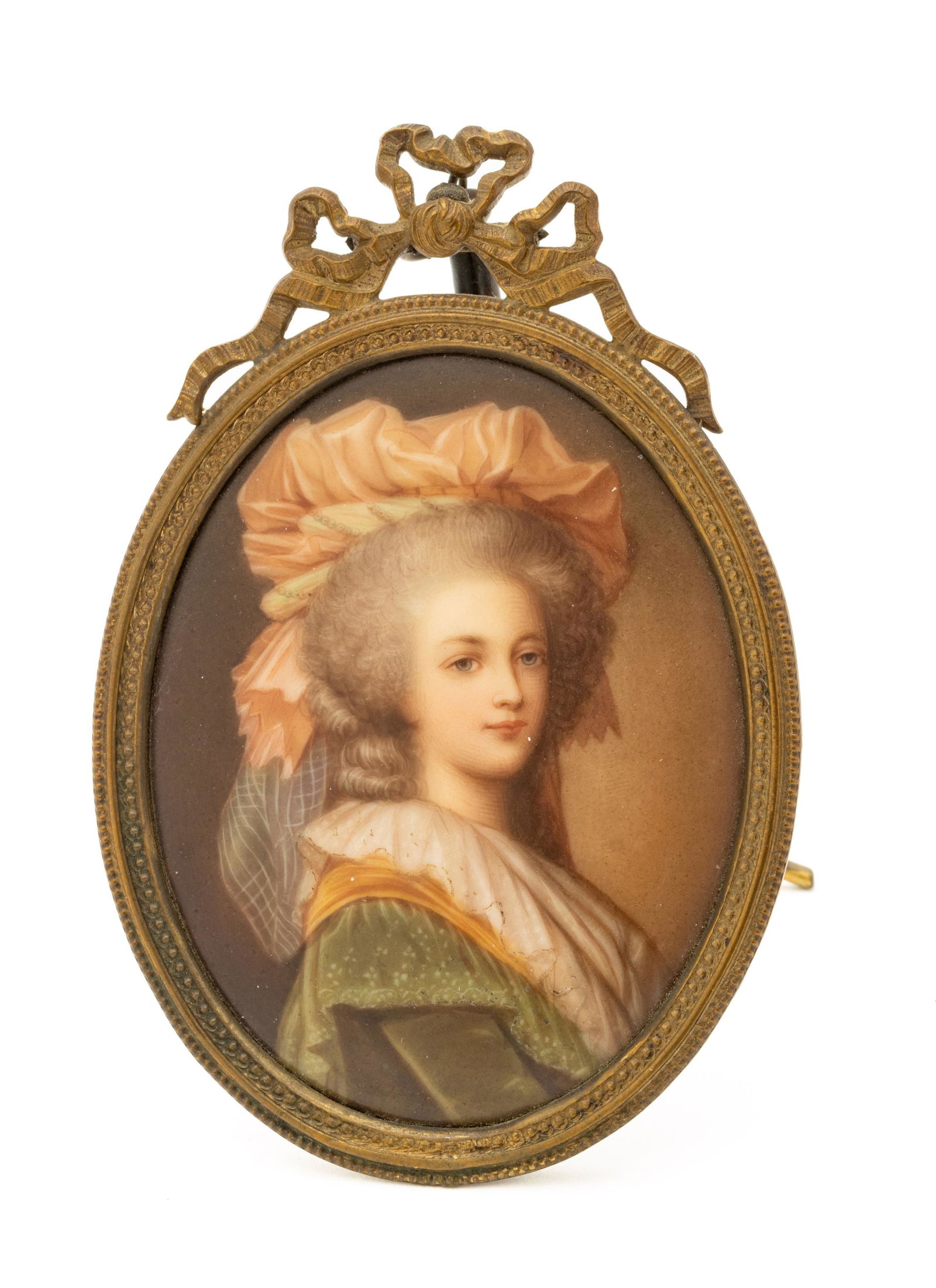German Painted Porcelain Plaque, Portrait Bust Of Young Woman In Formal Dress, 19th C., H 3.3" W (1 of 3)