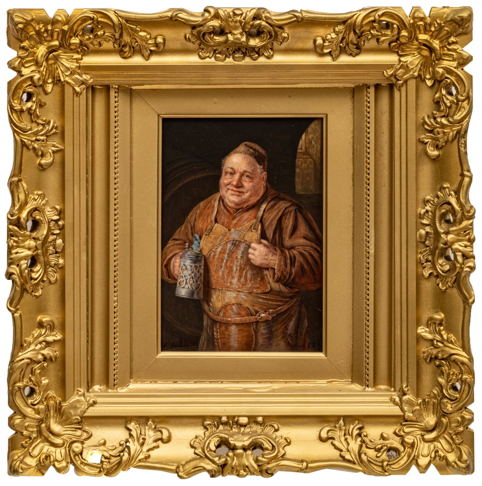 German Painted Porcelain Plaque, Ca. 1890, Imbibing Monk After Eduard Von Grutzner, H 7.5" W 5.5" (1 of 6)