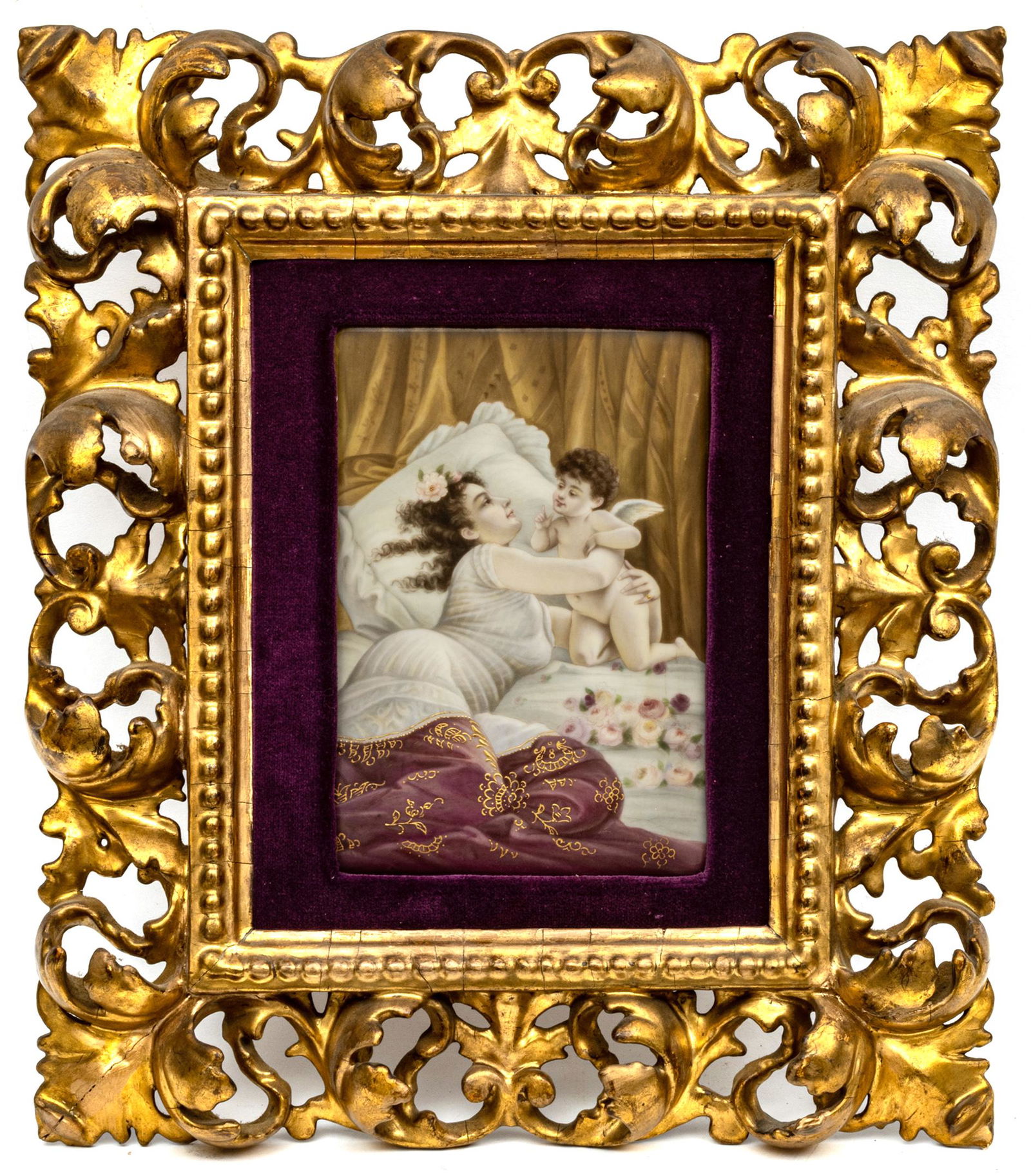 Continental Painted Porcelain Plaque, Early 20th C., Woman Embracing Cupid, H 7" W 5" (1 of 4)