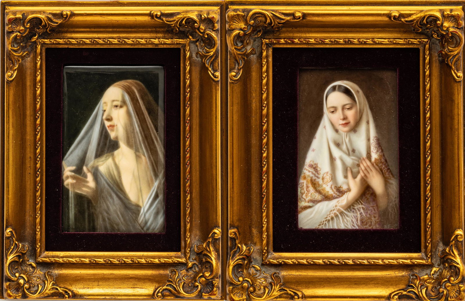 R. Friedrich (German) Painted Porcelain Plaques, Early 20th C., Veiled Devotees, H 10" W 7.5" (1 of 6)