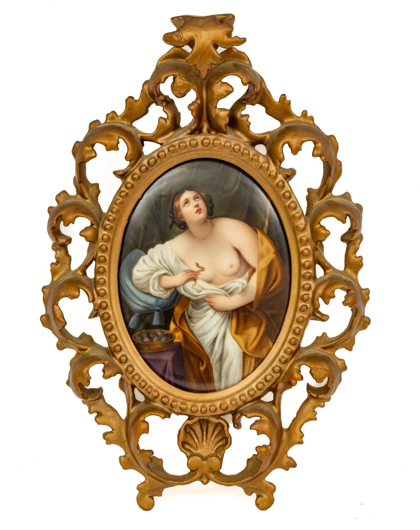 German Painted Porcelain Plaque, Ca. 1900, Cleopatra With Venomous Asp, H 6" W 4" (1 of 3)